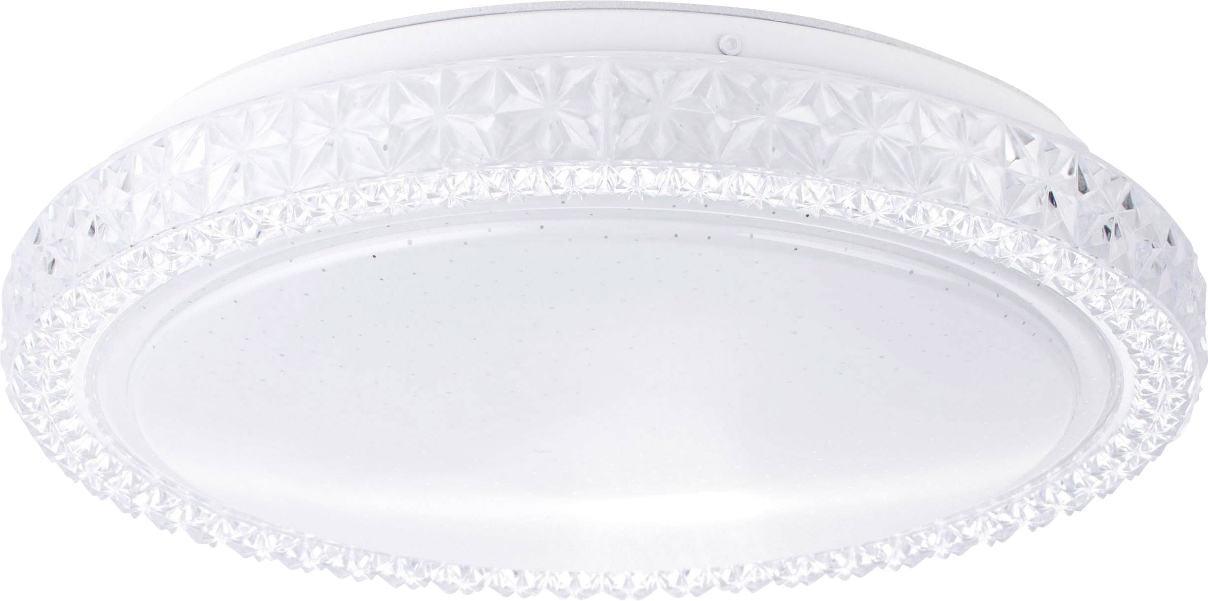 Runde, dekorative Deckenleuchte mit kristallähnlichem Rand. Hauptsächlich weiß mit dezentem Glanzeffekt.
