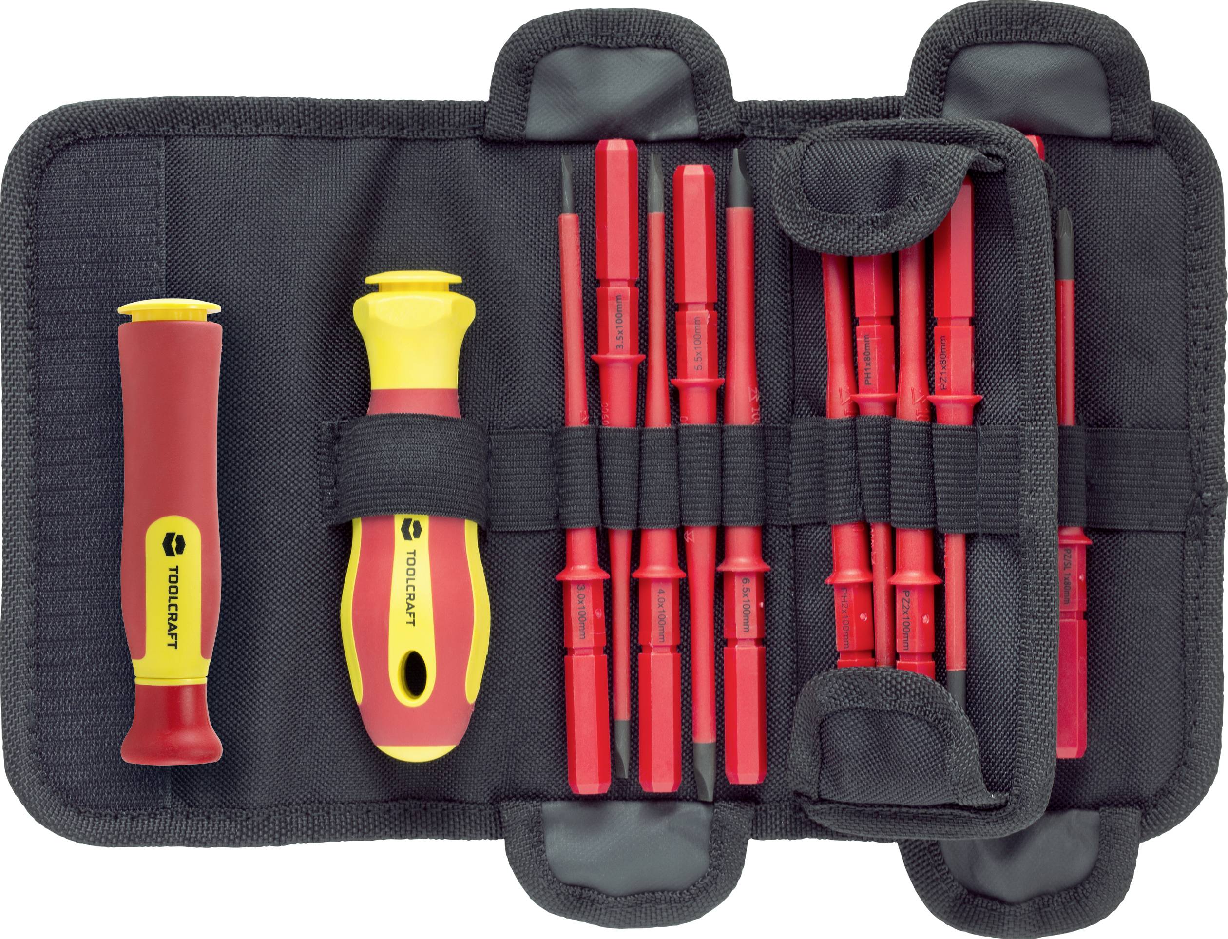Ein Set von isolierten Schraubendrehern in einem schwarzen Etui. Links sind zwei Halter, rechts eine Reihe von roten Werkzeugen.