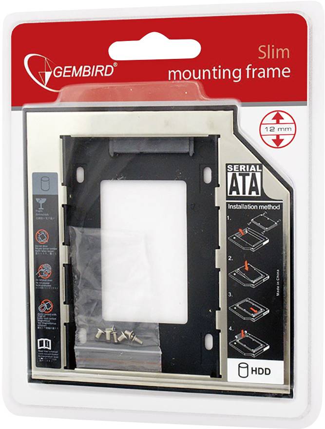 'Gembird Slim Mounting Frame' Verpackung mit einem Einbaurahmen, Schrauben und Installationsanleitung für 2,5