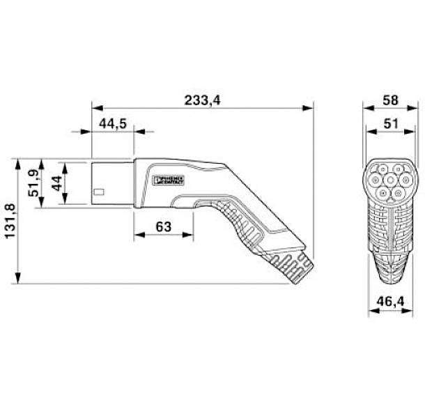 Abbildung eines technischen Diagramms eines Steckers mit Abmessungen in Millimetern. Hauptmaß: 233,4 mm Länge, 51,9 mm Höhe.