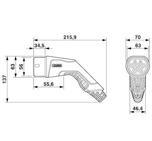 Technische Zeichnung eines Elektroladesteckers mit Maßen: Länge 215,9 mm, Breite 63 mm. Zeigt Form und Anschlussdetails.