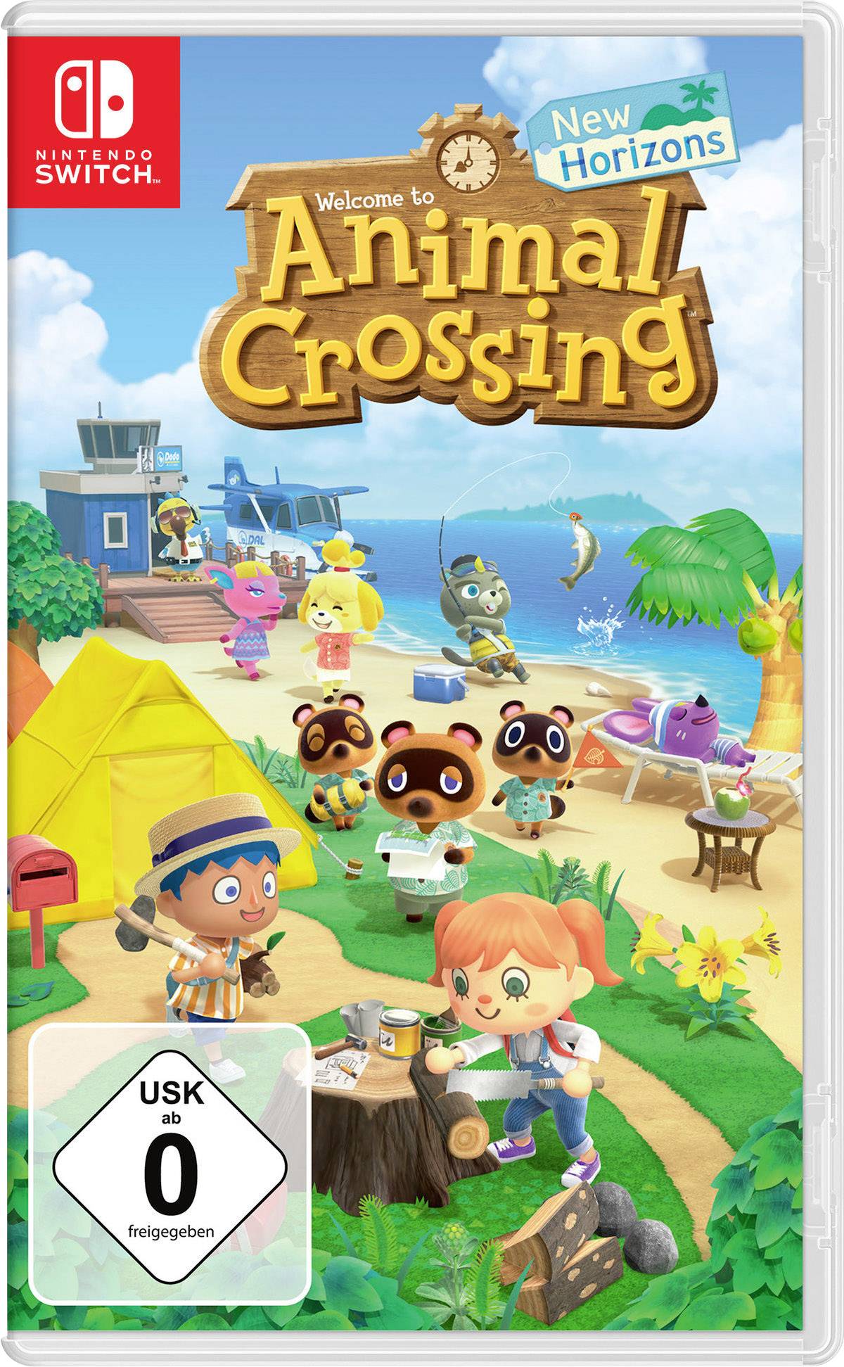 Cover eines Nintendo Switch-Spiels: 'Animal Crossing: New Horizons'. Figuren auf einer tropischen Insel beim Basteln und Fischen.