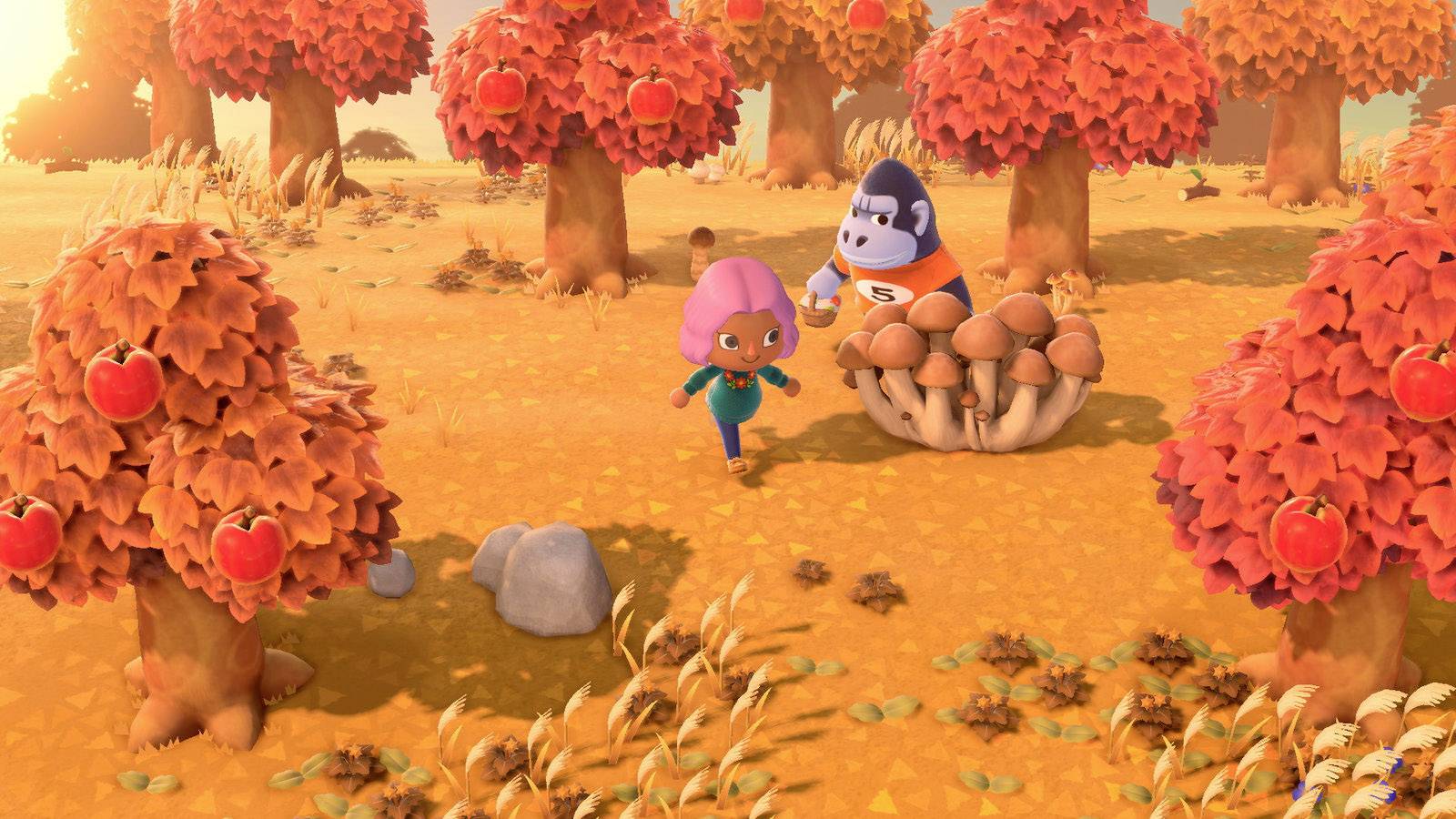 Ein bunter, cartoonartiger Herbstwald mit Bäumen voller roter Blätter und Äpfeln. Zwei Figuren laufen über die goldene Wiese.