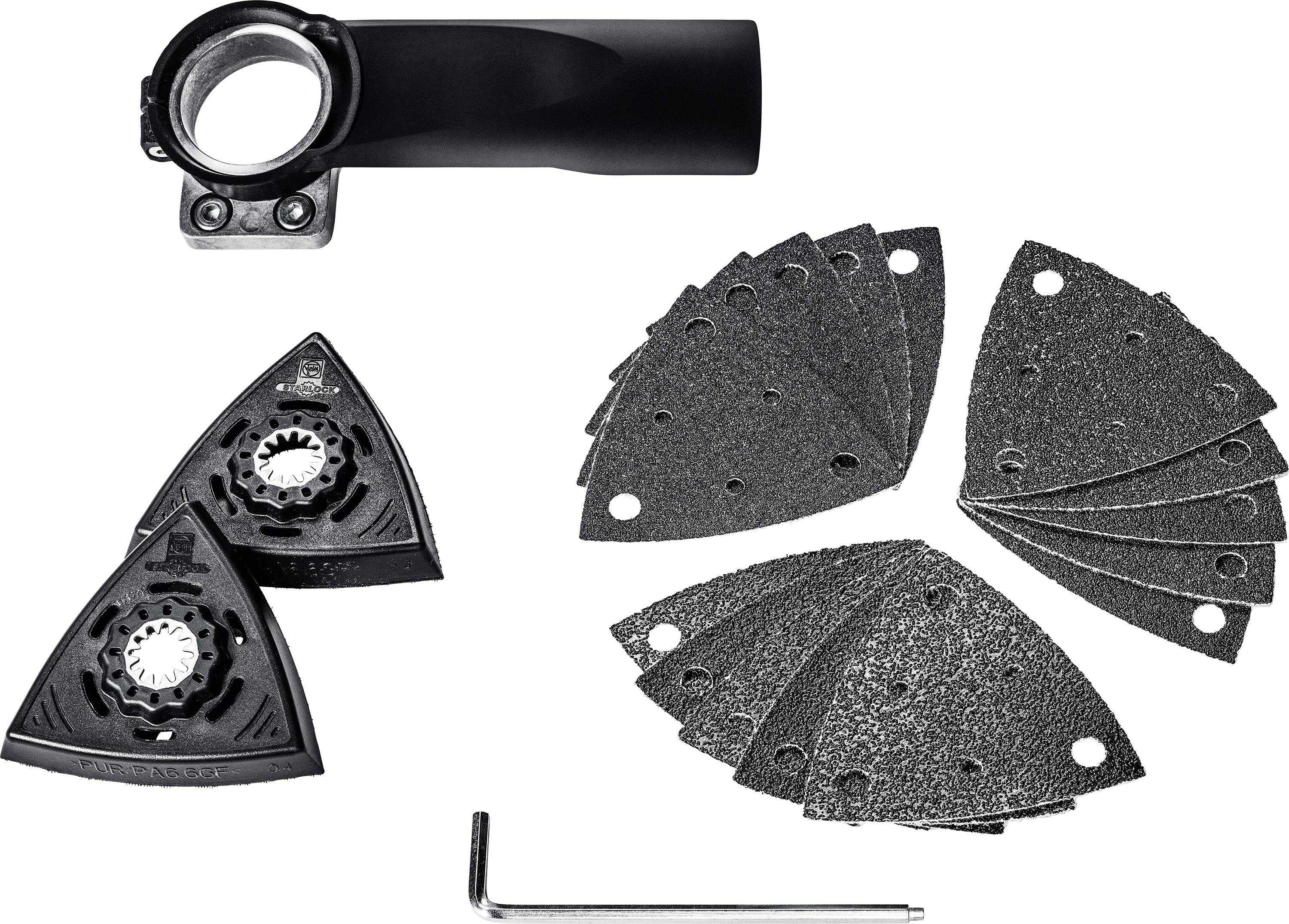 Schleifzubehör-Set für Multifunktionswerkzeuge, inklusive Schleifblätter und Adapter, auf weißem Hintergrund dargestellt.
