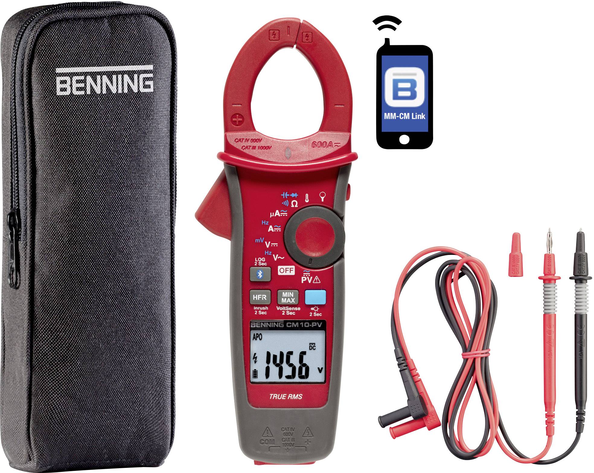 Multimeter mit Koffer, roten Zangen, digitalem Display zeigt '1456', Bluetooth-Verbindungssymbol oben rechts.