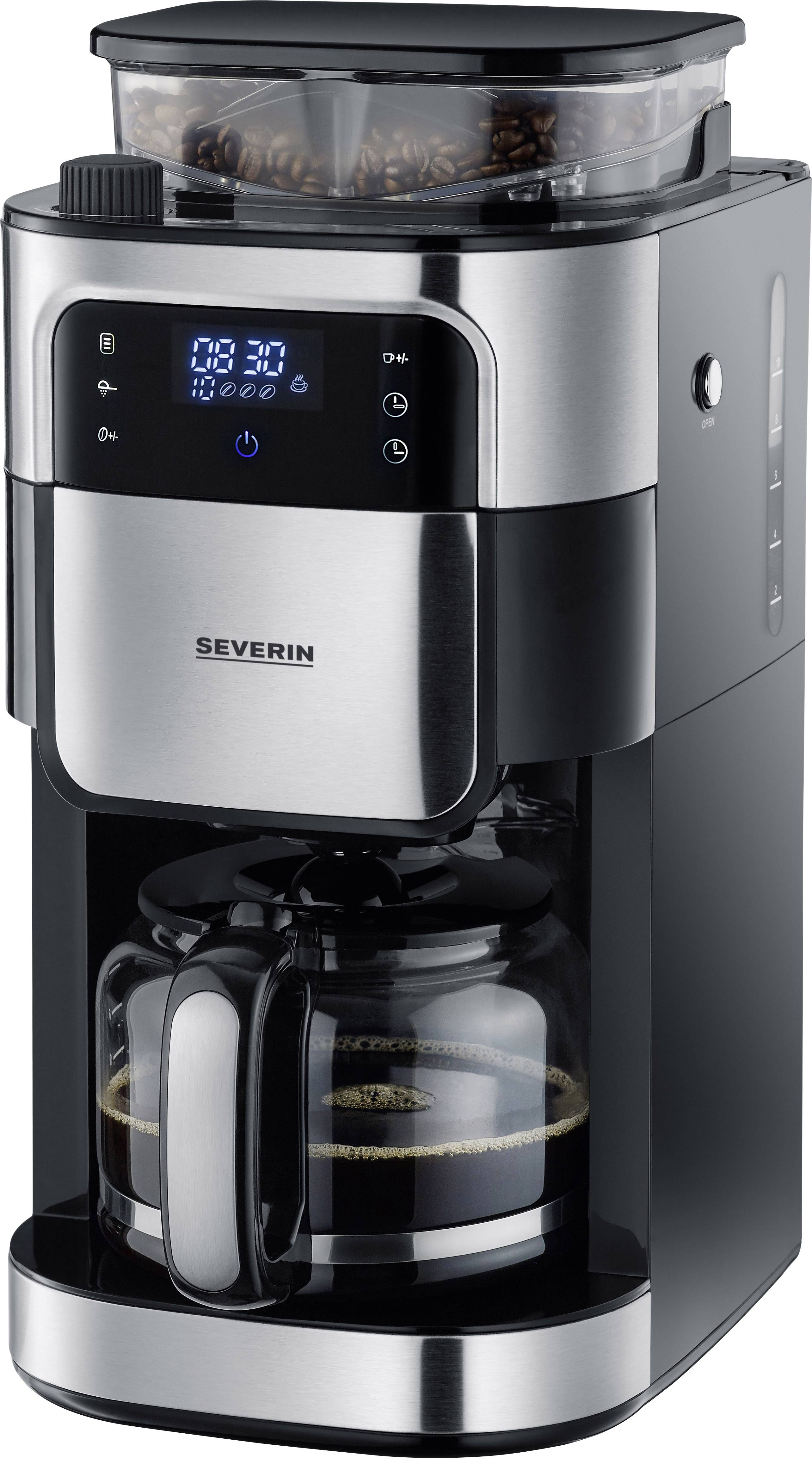 Severin KA 4813 Kaffeemaschine Schwarz, Edelstahl (gebürstet) Fassungsvermögen Tassen=10 Display, Glaskanne, mit Mahlwerk