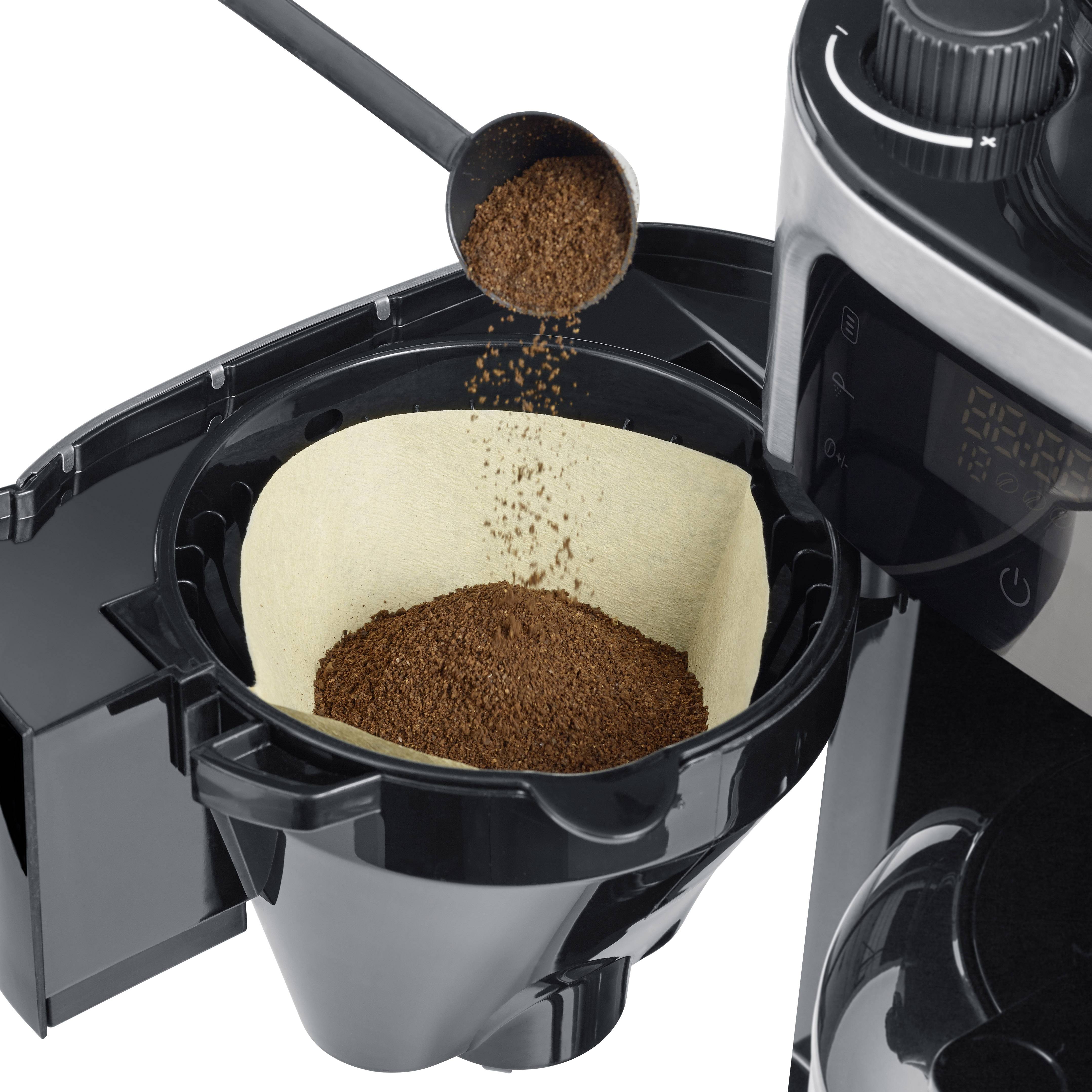 Severin Filterkaffeemaschine mit Mahlwerk und Edelstahl-Thermokanne, Kaffeemaschine Schwarz, Edelstahl (gebürstet