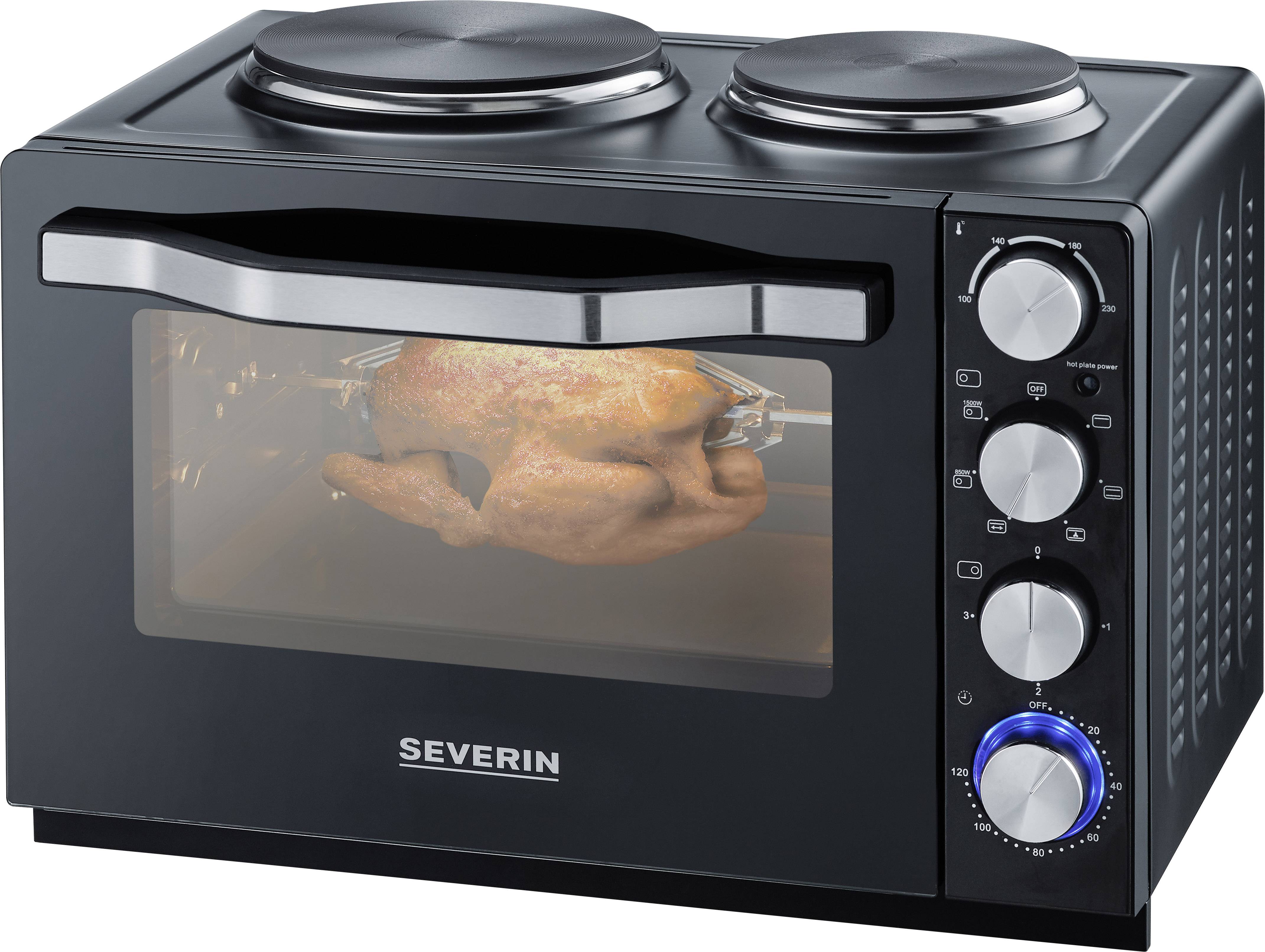 Severin TO 2065 Minibackofen mit manueller Temperatureinstellung, Timerfunktion, kabelgebunden, inkl. Herdplatten, mit Grillspieß, Grillfunktion, Um