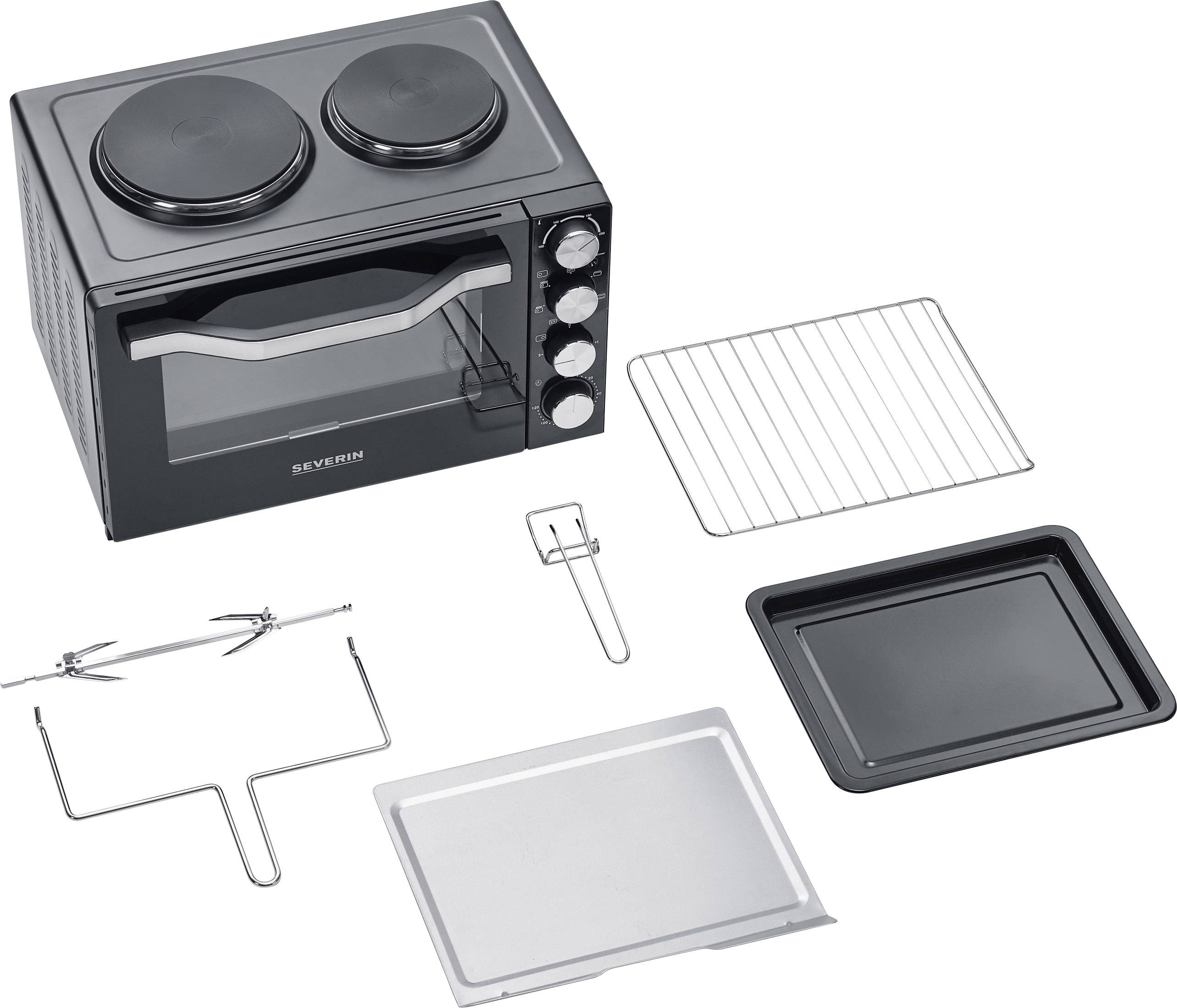 Severin TO 2065 Minibackofen mit manueller Temperatureinstellung, Timerfunktion, kabelgebunden, inkl. Herdplatten, mit Grillspieß, Grillfunktion, Um
