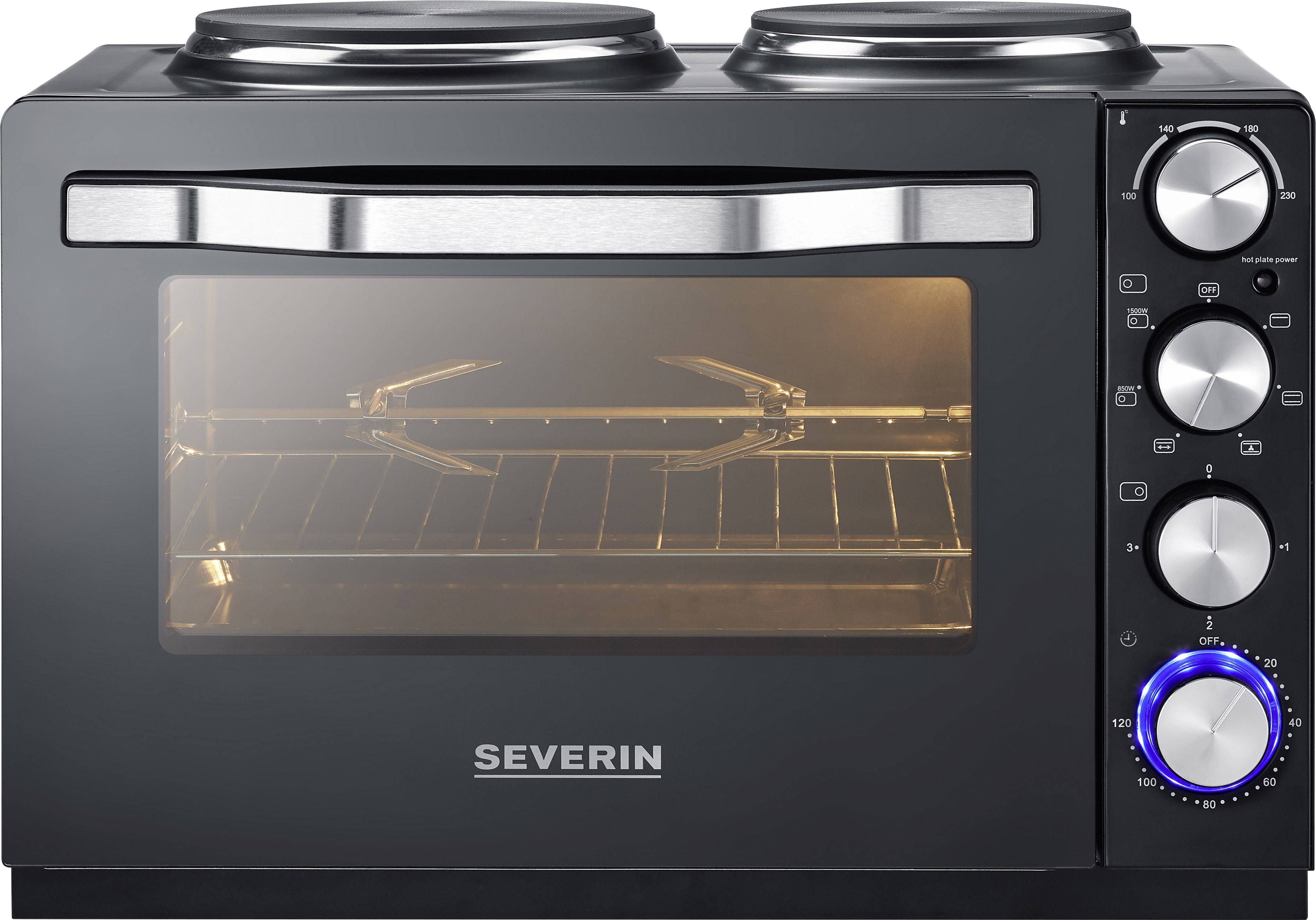 Severin TO 2065 Minibackofen mit manueller Temperatureinstellung, Timerfunktion, kabelgebunden, inkl. Herdplatten, mit Grillspieß, Grillfunktion, Um