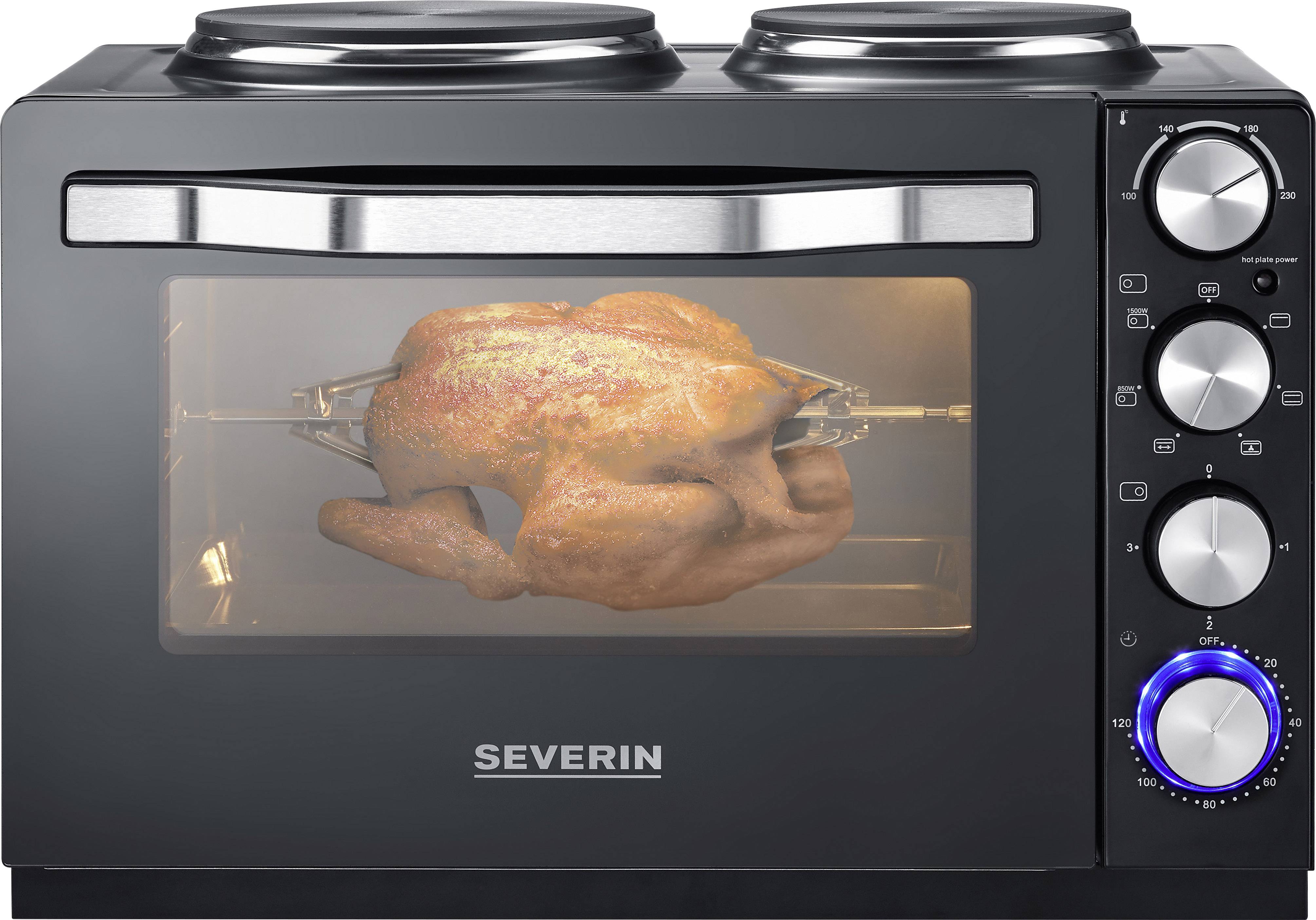 Severin TO 2065 Minibackofen mit manueller Temperatureinstellung, Timerfunktion, kabelgebunden, inkl. Herdplatten, mit Grillspieß, Grillfunktion, Um
