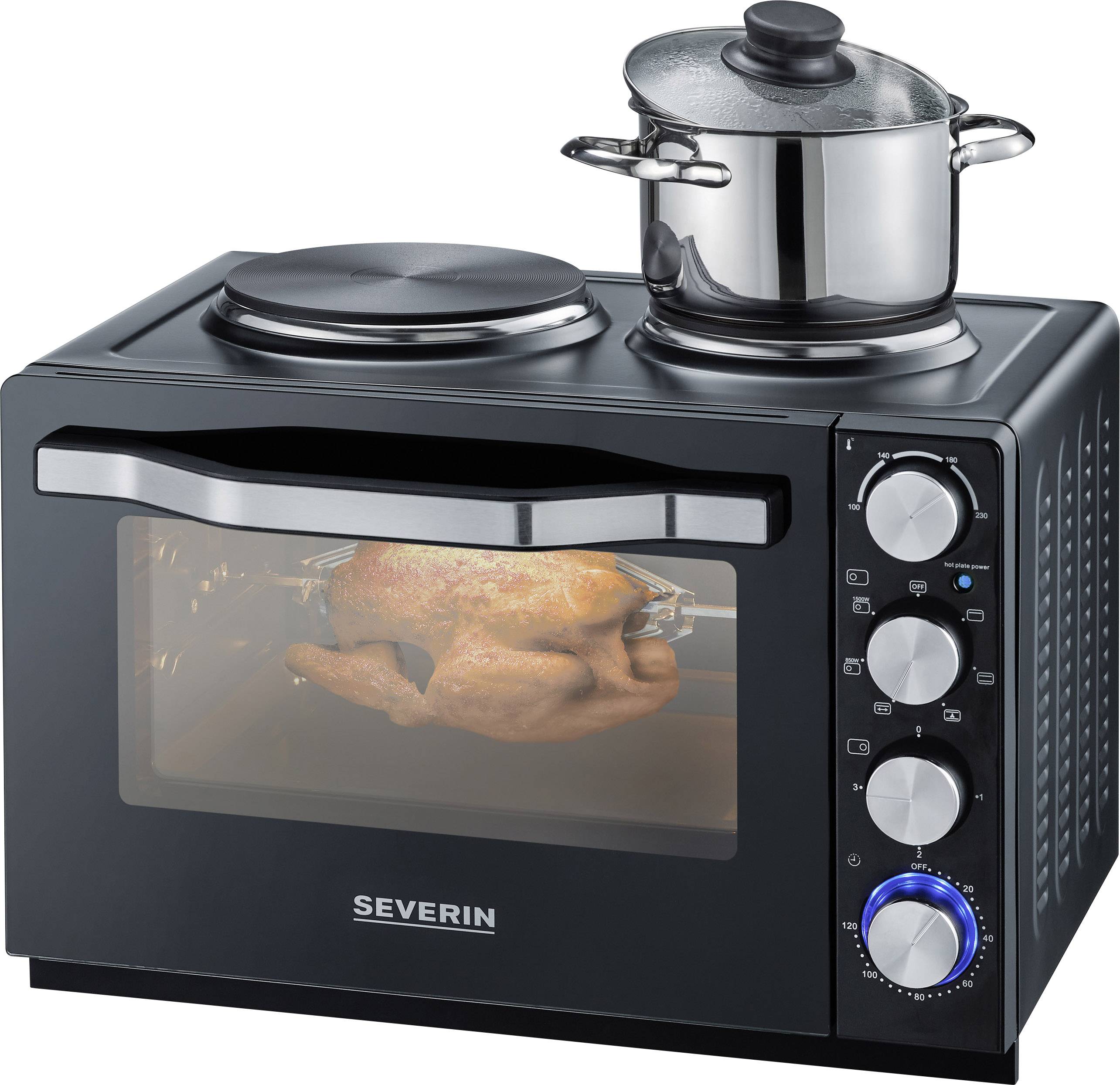 Severin TO 2065 Minibackofen mit manueller Temperatureinstellung, Timerfunktion, kabelgebunden, inkl. Herdplatten, mit Grillspieß, Grillfunktion, Um
