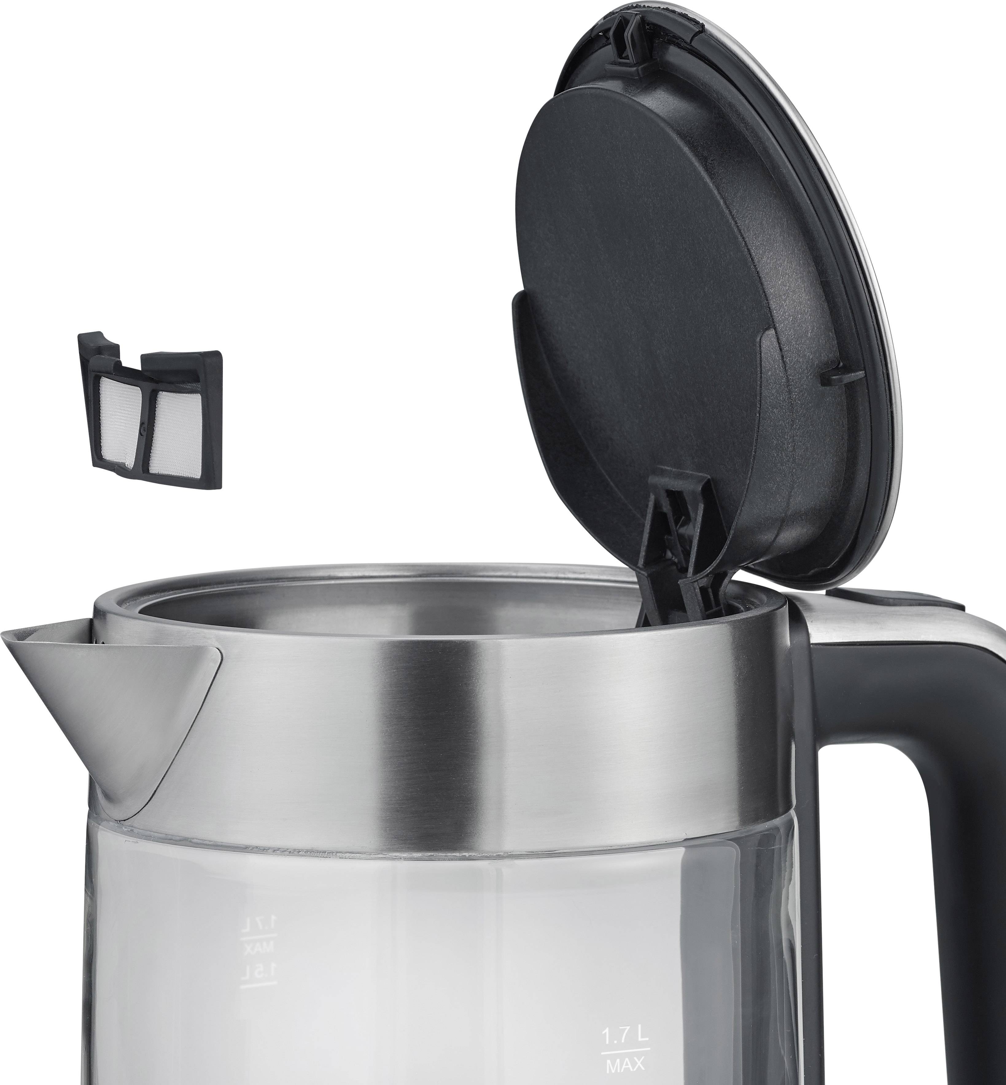 Ein Wasserkocher aus Edelstahl mit offenem Deckel und herausnehmbarem Filter. Fassungsvermögen: 1,7 Liter.