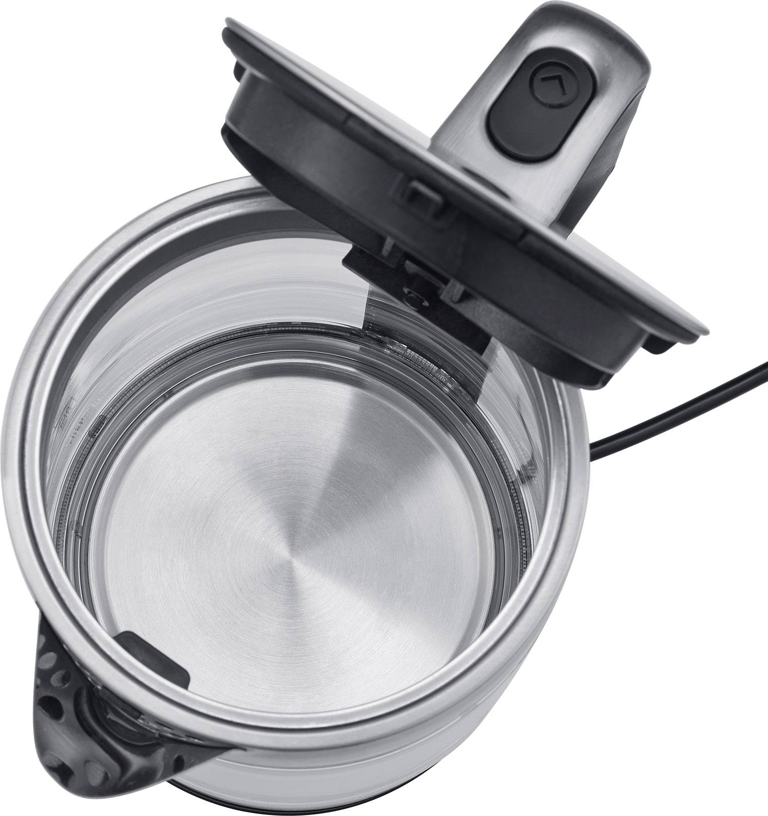 Elektrischer Wasserkocher von oben, Deckel offen, zeigt Edelstahlinnenraum und Kabel.