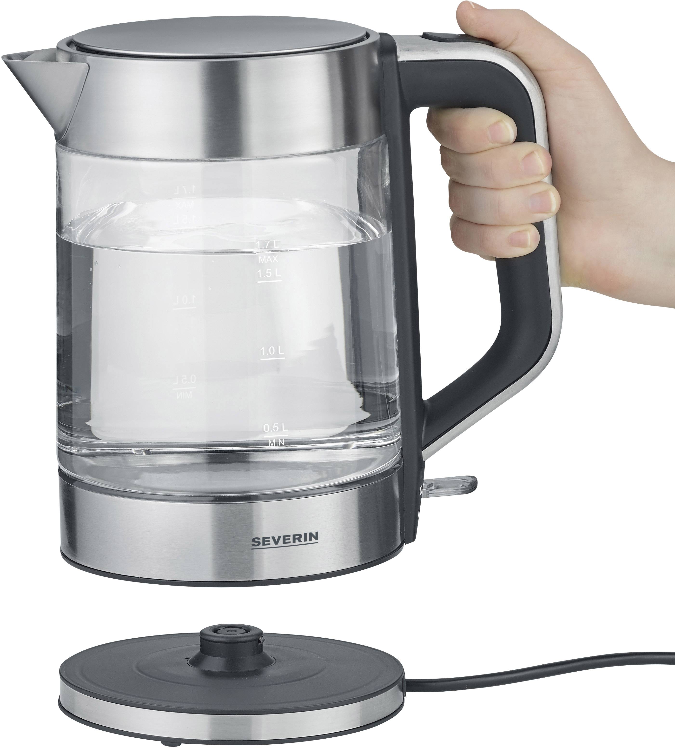 Severin WK 3420 Wasserkocher kabelgebunden Glas, Edelstahl (gebürstet), Schwarz Fassungsvermögen: 1.7l