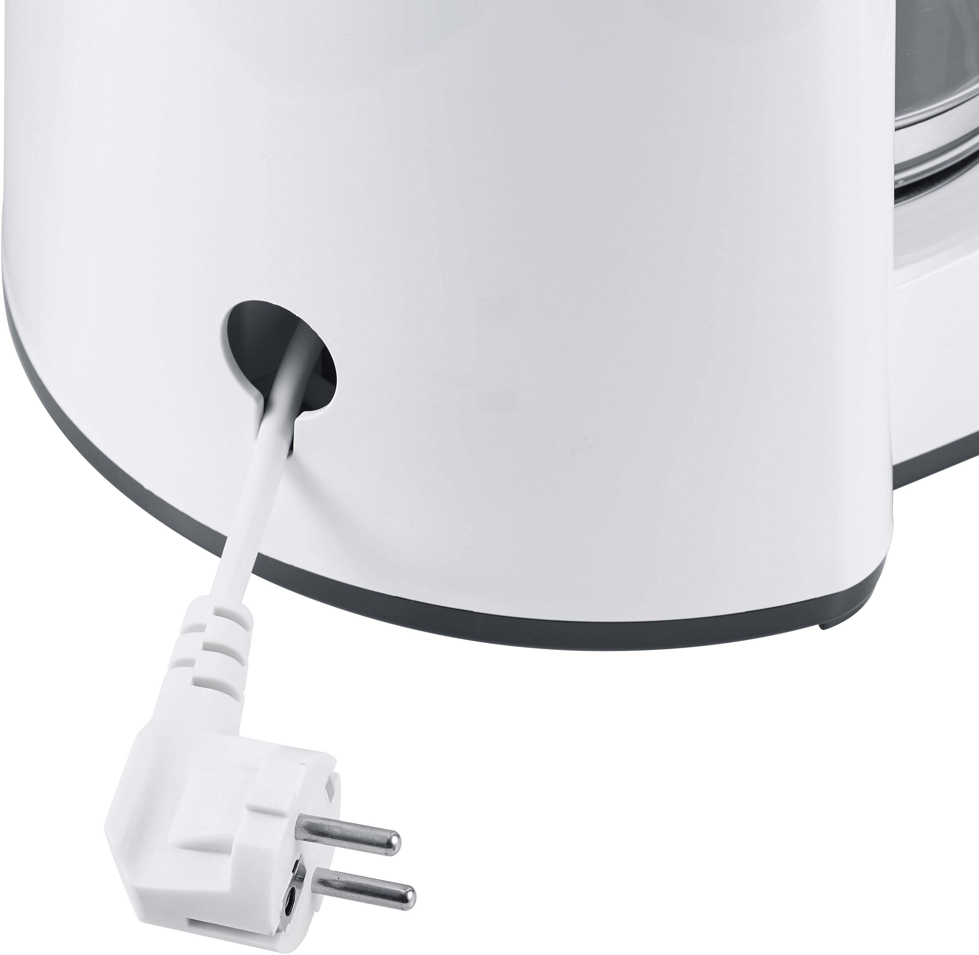 Ein weißer elektrischer Wasserkocher mit einer Kabelaufwicklung am Boden. Ein europäischer Stecker ist teilweise sichtbar.