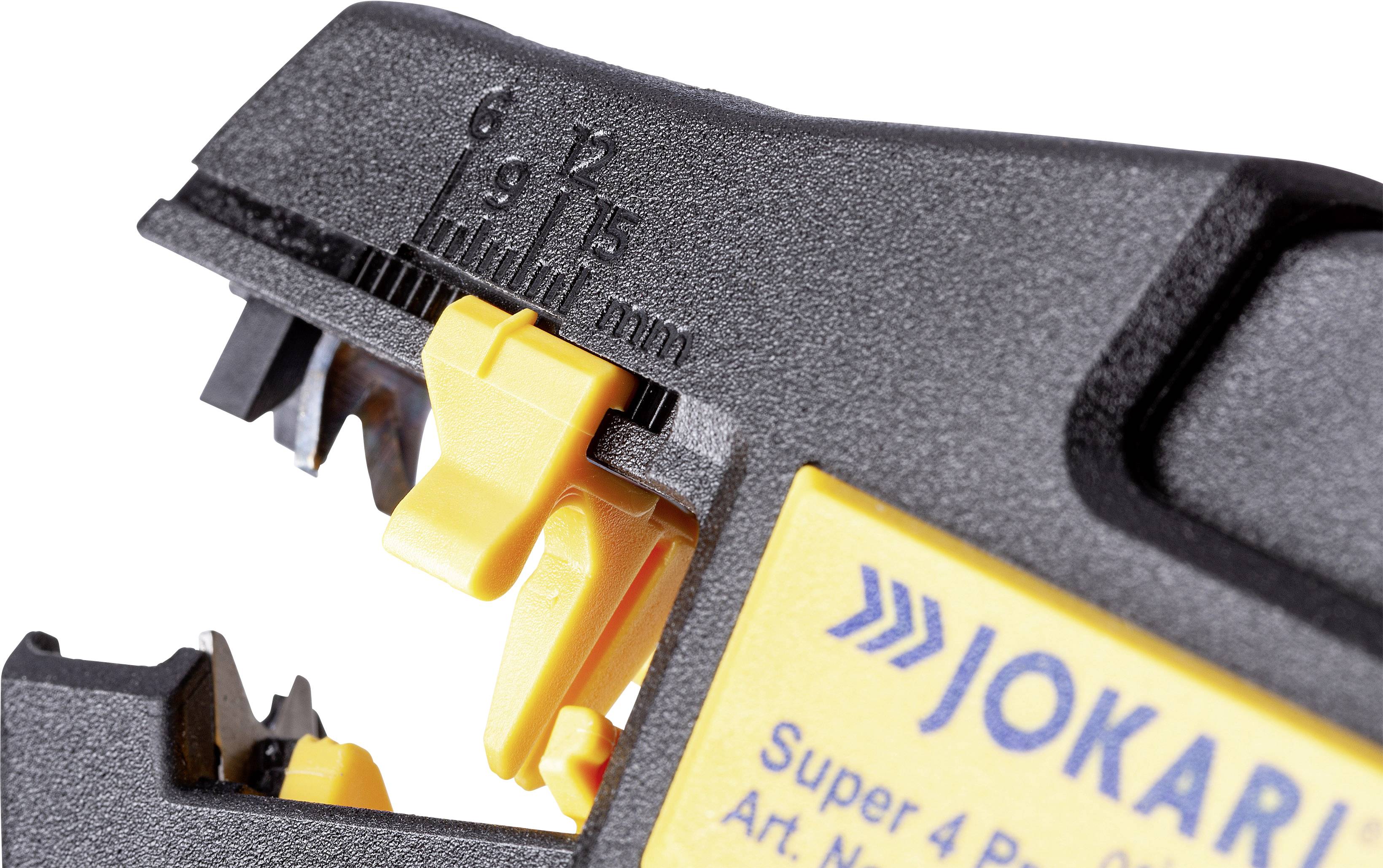 Nahaufnahme eines schwarzen und gelben Kabelentmantlers mit Skala von 6 bis 9 mm. Rechts unten ist ein Teil des Etiketts mit der Aufschrift 'JOKARI'.
