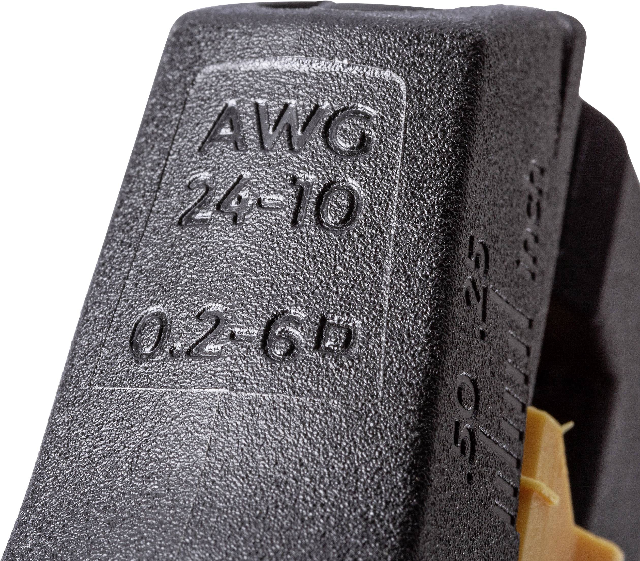 Nahaufnahme eines Werkzeugs mit der Aufschrift 'AWG 24-10' und '0.2-6'. Das Werkzeug dient vermutlich zum Abisolieren von Kabeln.