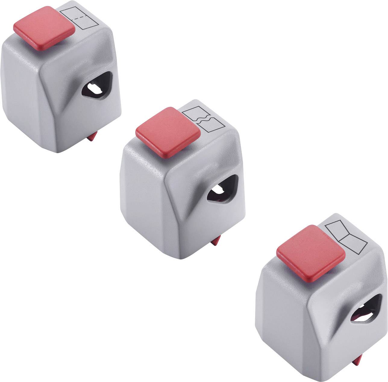 Drei graue und rote elektrische Schalter in schräger Anordnung. Jeder Schalter hat einen roten Knopf oben und ein schwarzes Symbol.