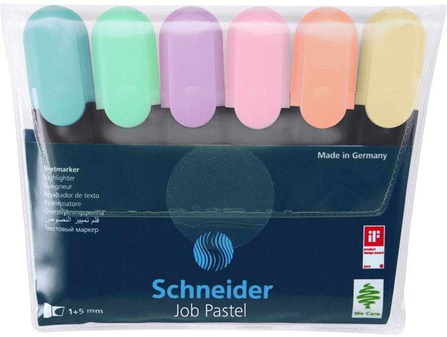 Sechs Pastell-Textmarker in Grün, Blau, Rosa, Orange und Gelb, verpackt in einer durchsichtigen Hülle. Marke: Schneider.