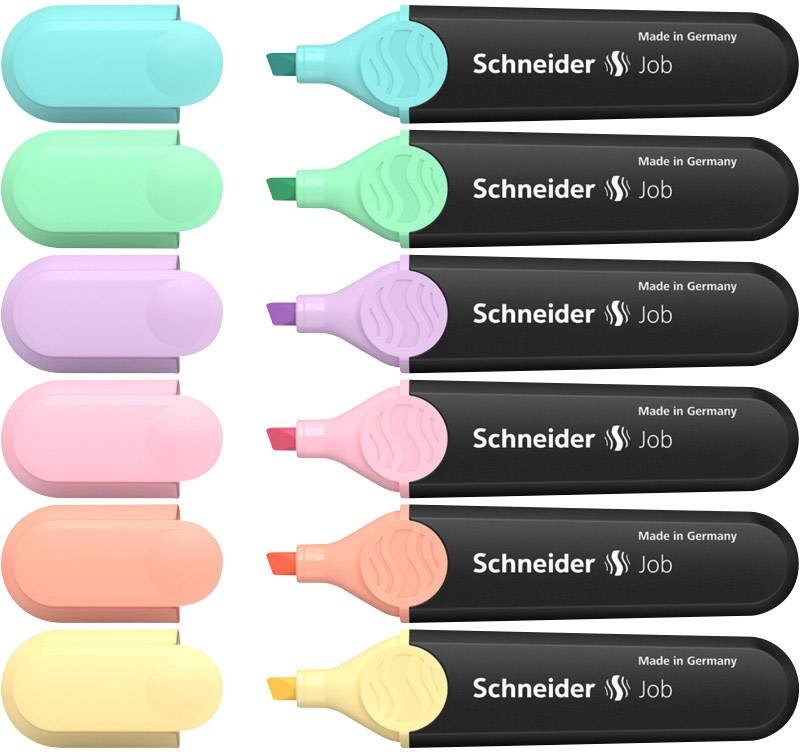 Acht Textmarker in verschiedenen Pastellfarben (grün, türkis, blau, lila, rosa, orange, pink, gelb) mit der Aufschrift 'Schneider Made in Germany Job'.