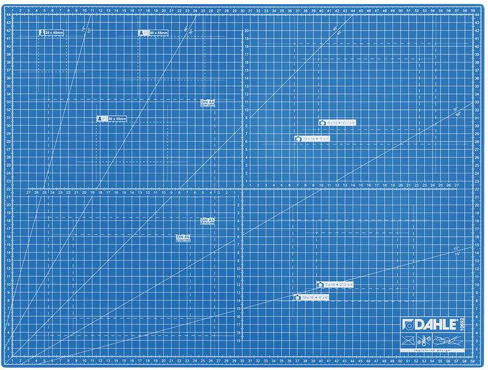 Blaue Schneidematte von Dahle mit Rasterlinien und Winkelskalen.
