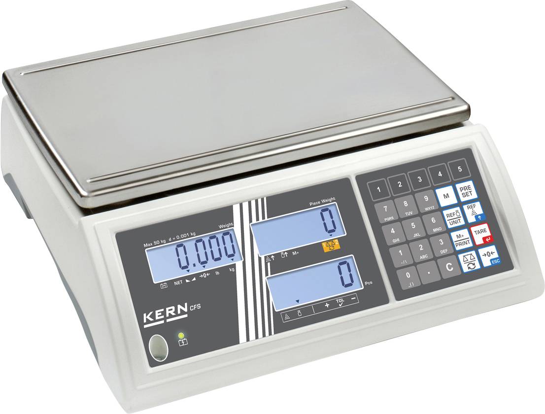 Elektronische Waage mit digitaler Anzeige und Tastatur. Zeigt '0,000' Grammanzeige, Modell 'KERN'. Geeignet für Präzisionsmessungen.