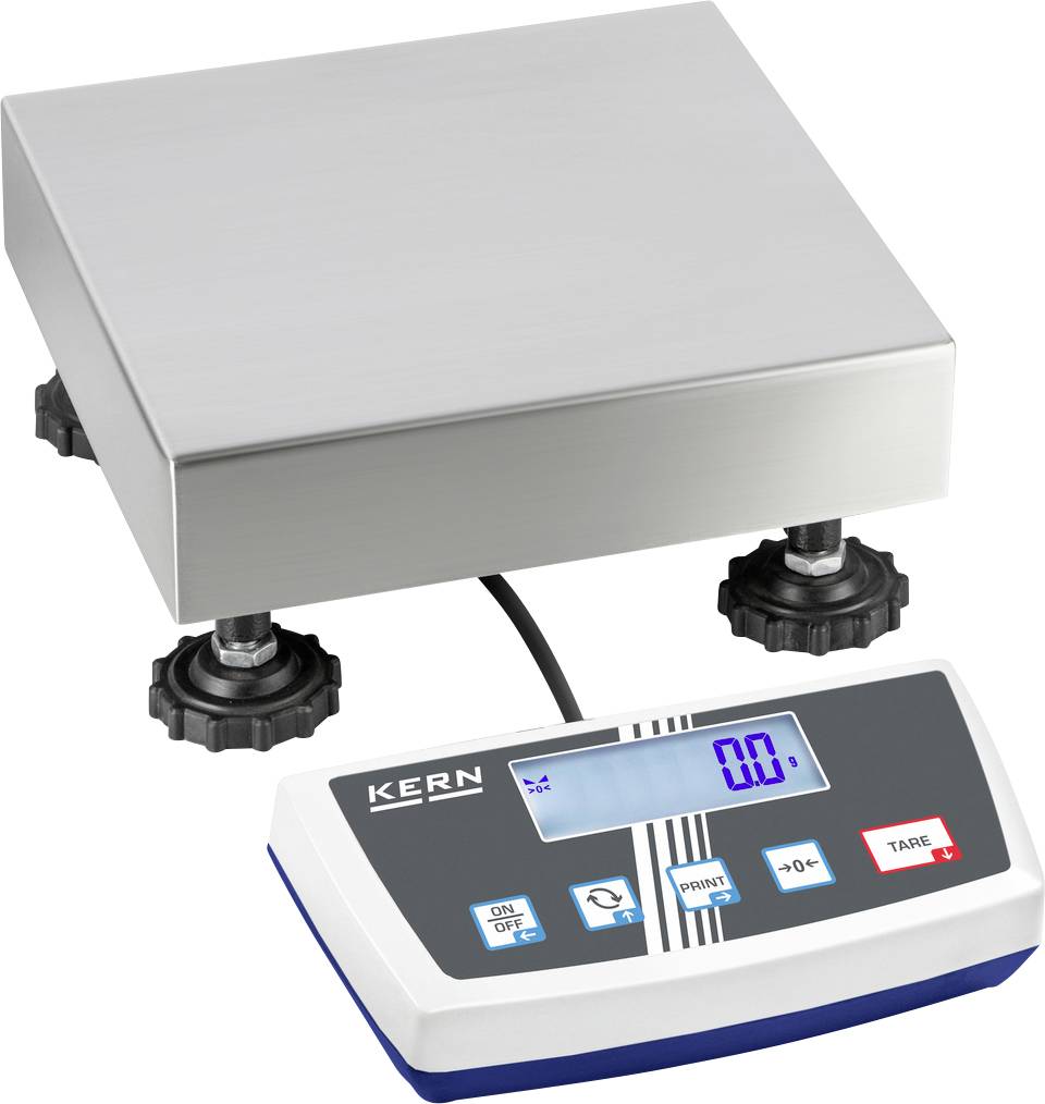 Elektronische Waage mit digitalem Display, zeigt '0.0' an. Geeignet für präzises Wiegen, kalibrierbare Füße zur stabilen Platzierung.