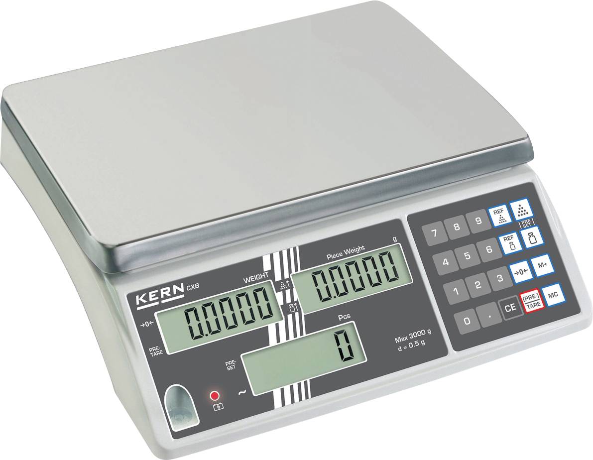 Digitale Waage mit Anzeige für Gewicht und Stückzahl, Tastatur mit nummerischen und Funktionstasten, Marke 'KERN'.
