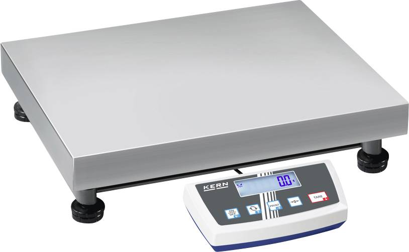 Elektronische Waage mit rechteckiger Edelstahlplattform und digitalem Display. Zeigt Gewicht auf blau beleuchtetem Bildschirm an.