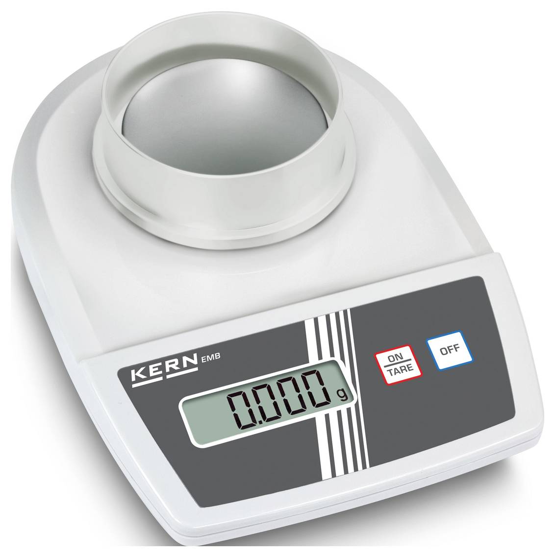 Digitale Küchenwaage mit Displayanzeige von '0,000 g'; Schalter für Tarieren und Ausschalten. Markenname 'KERN EMB'.