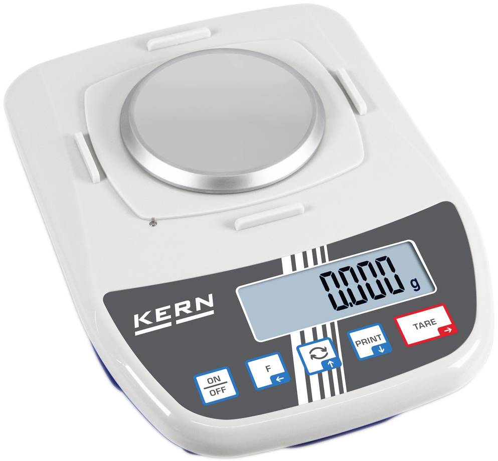 Elektronische Präzisionswaage mit digitalem Display zeigt '0,000 g'. Tasten für Ein/Aus, Funktion, Drucken und Tara.