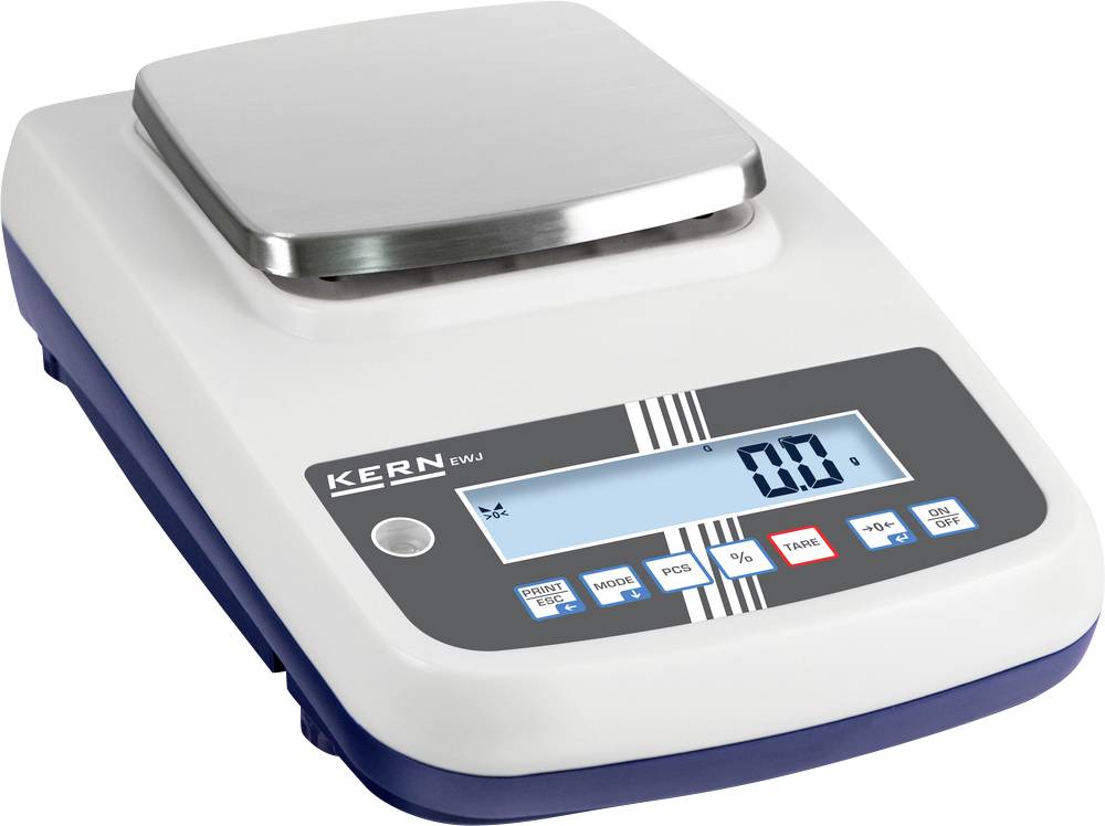 Elektronische Waage mit digitalem Display, zeigt '0.0' an. Markenname 'KERN' sichtbar.