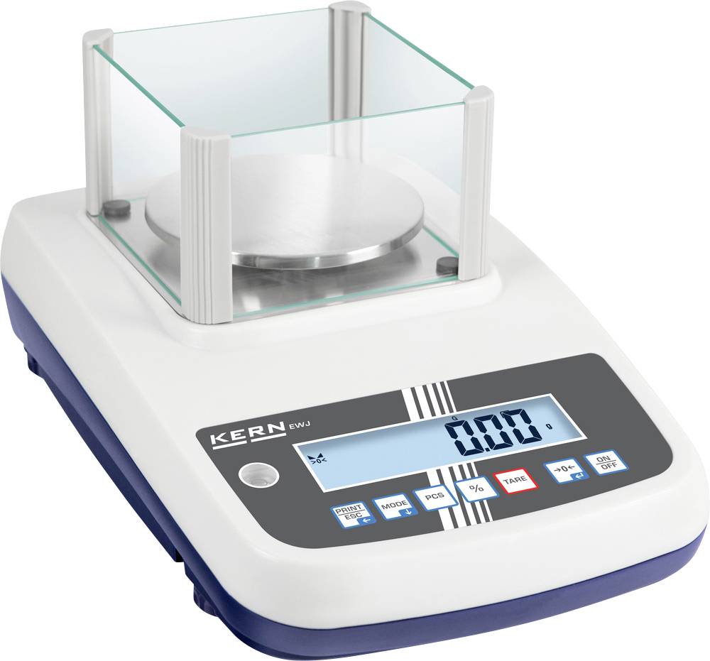 Elektronische Waage mit digitalem Display, zeigt '0.00'. Glasabdeckung schützt die Wiegefläche. Marke 'KERN'.