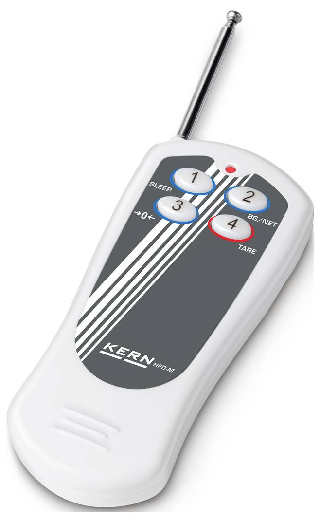 Ein weißer Fernbedienung mit schwarzen und weißen Streifen. Vier nummerierte Tasten und eine Antenne oben. Beschriftung 'KERN HFD-A'.