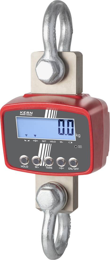 Digitale Kranwaage mit rotem Gehäuse und Haken. Bildschirm zeigt '0.0 kg'. Steuerknöpfe unten: 'HOLD', 'M+', 'TARE', 'UNIT', 'ON/OFF'.