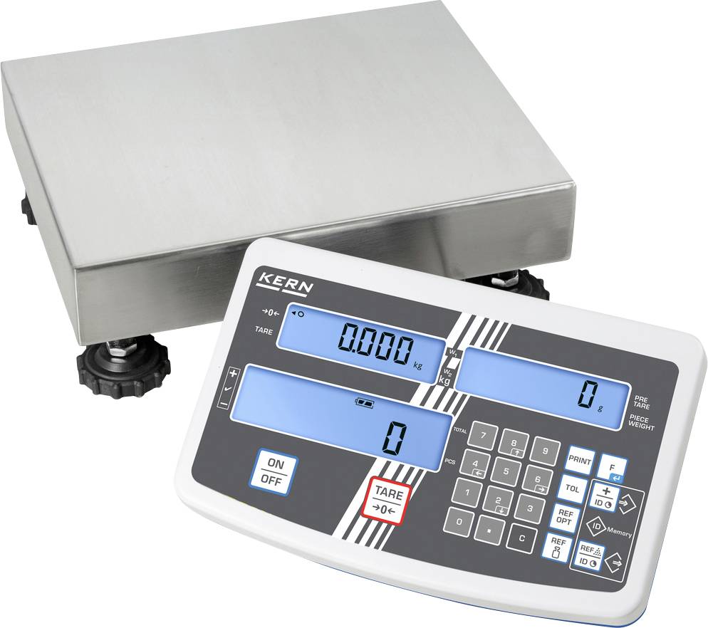 Eine digitale Waage mit Edelstahlplattform, blauem Display, numerischer Tastatur und verschiedenen Funktionstasten.