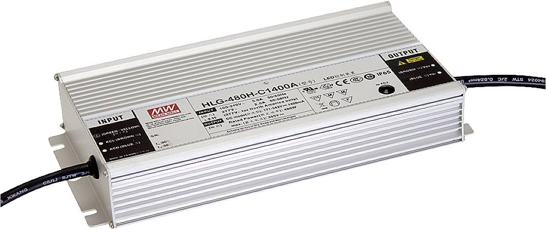 Ein rechteckiges LED-Netzteil mit technischen Informationen und Anschlüssen. Markierung mit Modellnummer 'HLG-480H-C1400A'.