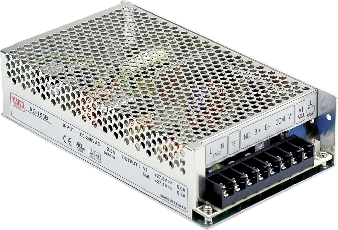 Ein Netzteil mit einem Metallgehäuse und Lüftungsschlitzen. Auf der Vorderseite befinden sich verschiedene Anschlüsse und Beschriftungen.