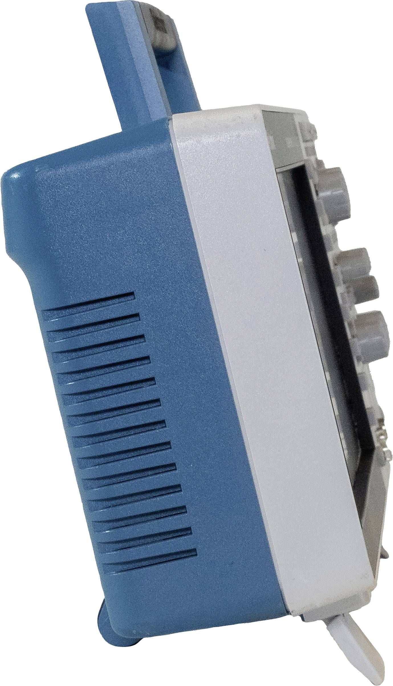 Tragbares elektronisches Gerät mit blauer und grauer Gehäuse. Seitenansicht zeigt Lüftungsschlitze und mehrere Drehregler.