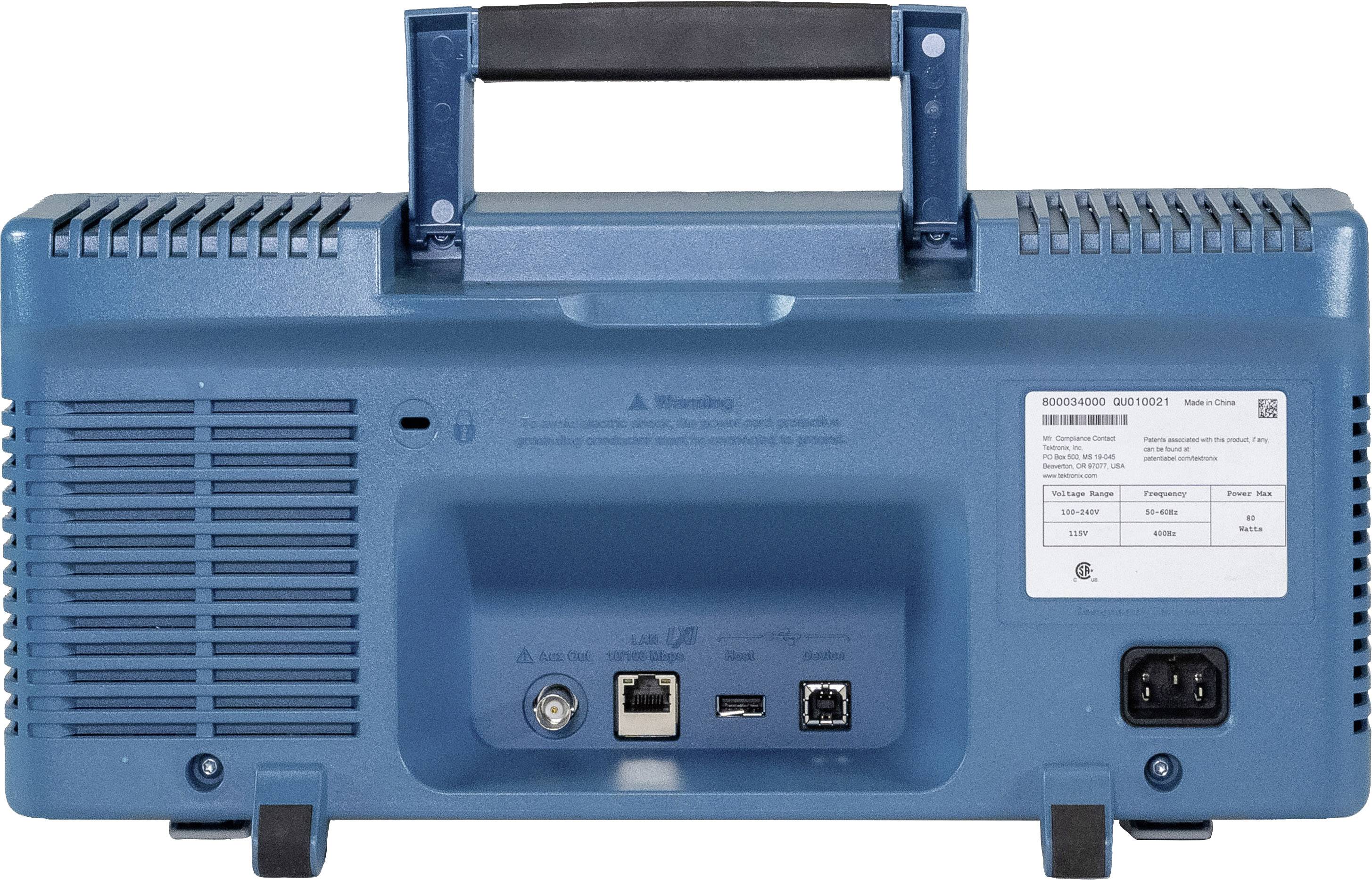 Tragbares, blaues elektronisches Gerät mit Tragegriff, Lüftungsschlitzen, Anschlüssen und Etikett mit technischen Spezifikationen auf der Rückseite.