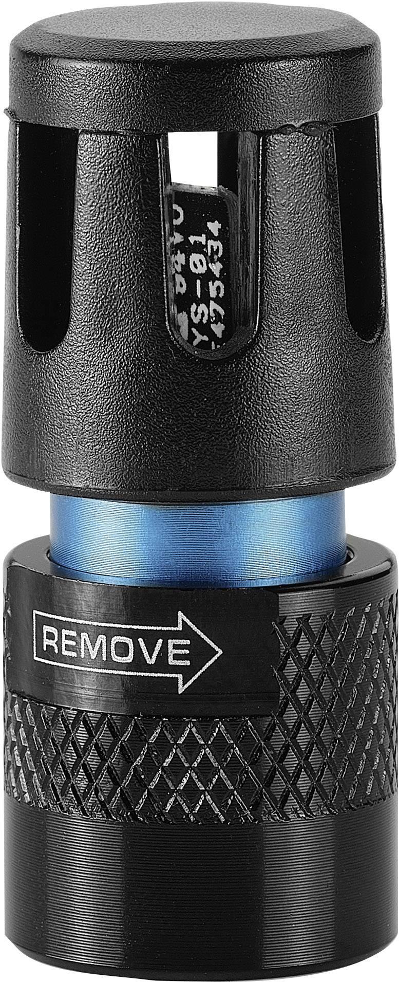 Schwarzes und blaues technisches Bauteil mit der Aufschrift 'REMOVE'.