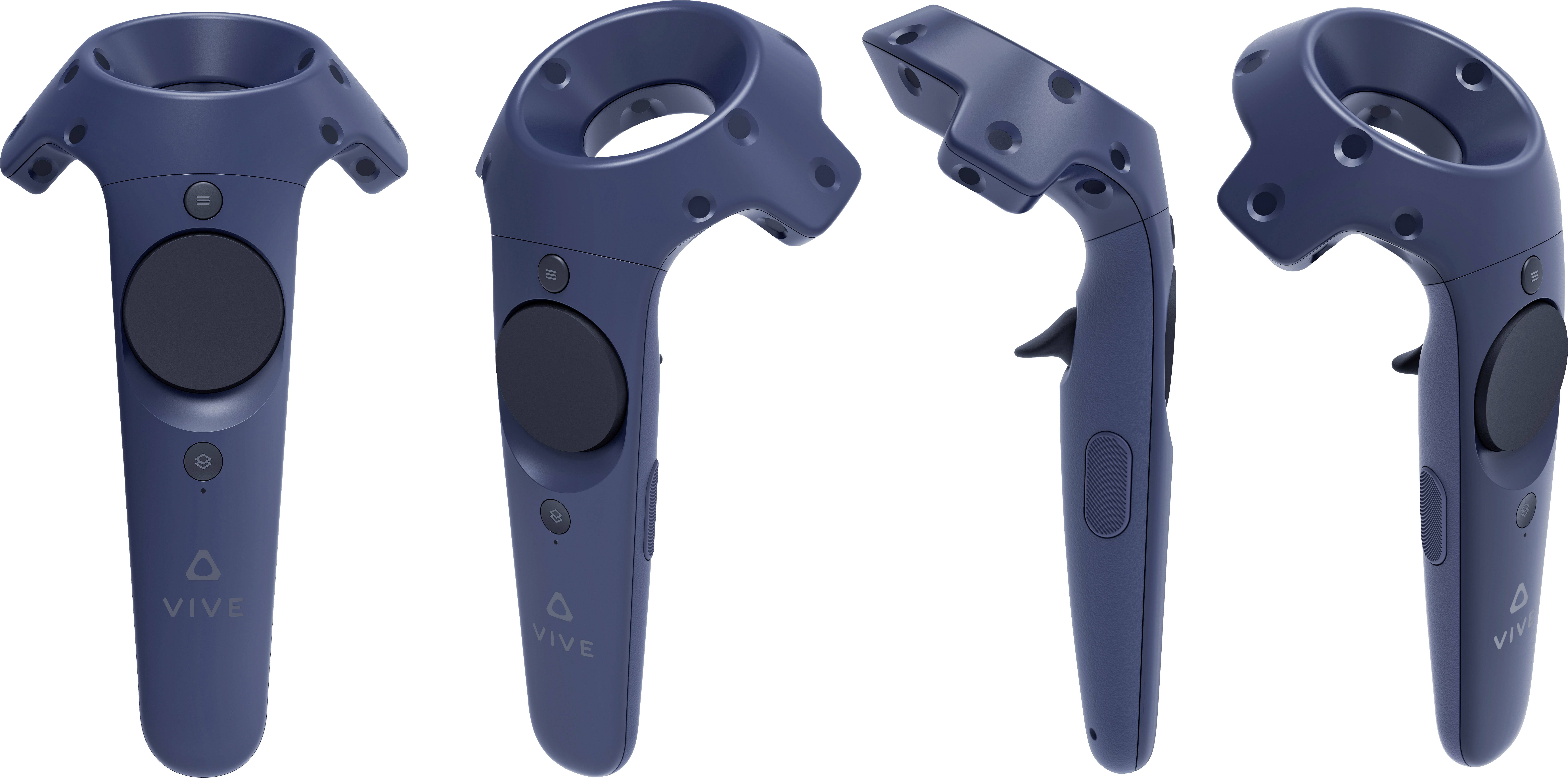 Verschiedene Ansichten eines blauen VR-Controllers mit abgerundetem Design und mehreren Tasten, die zur Interaktion mit virtuellen Umgebungen dienen.