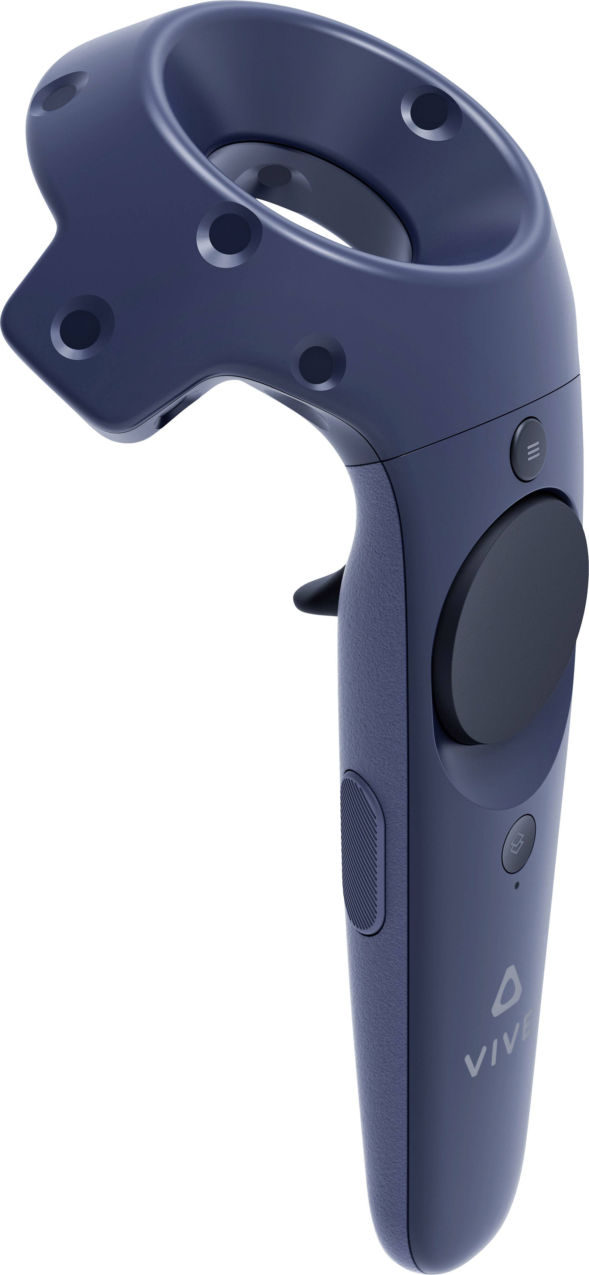Virtual Reality-Controller in Dunkelblau, abgebildet seitlich, zeigt Knöpfe und Steuerfläche. Geeignet für immersive VR-Erlebnisse.