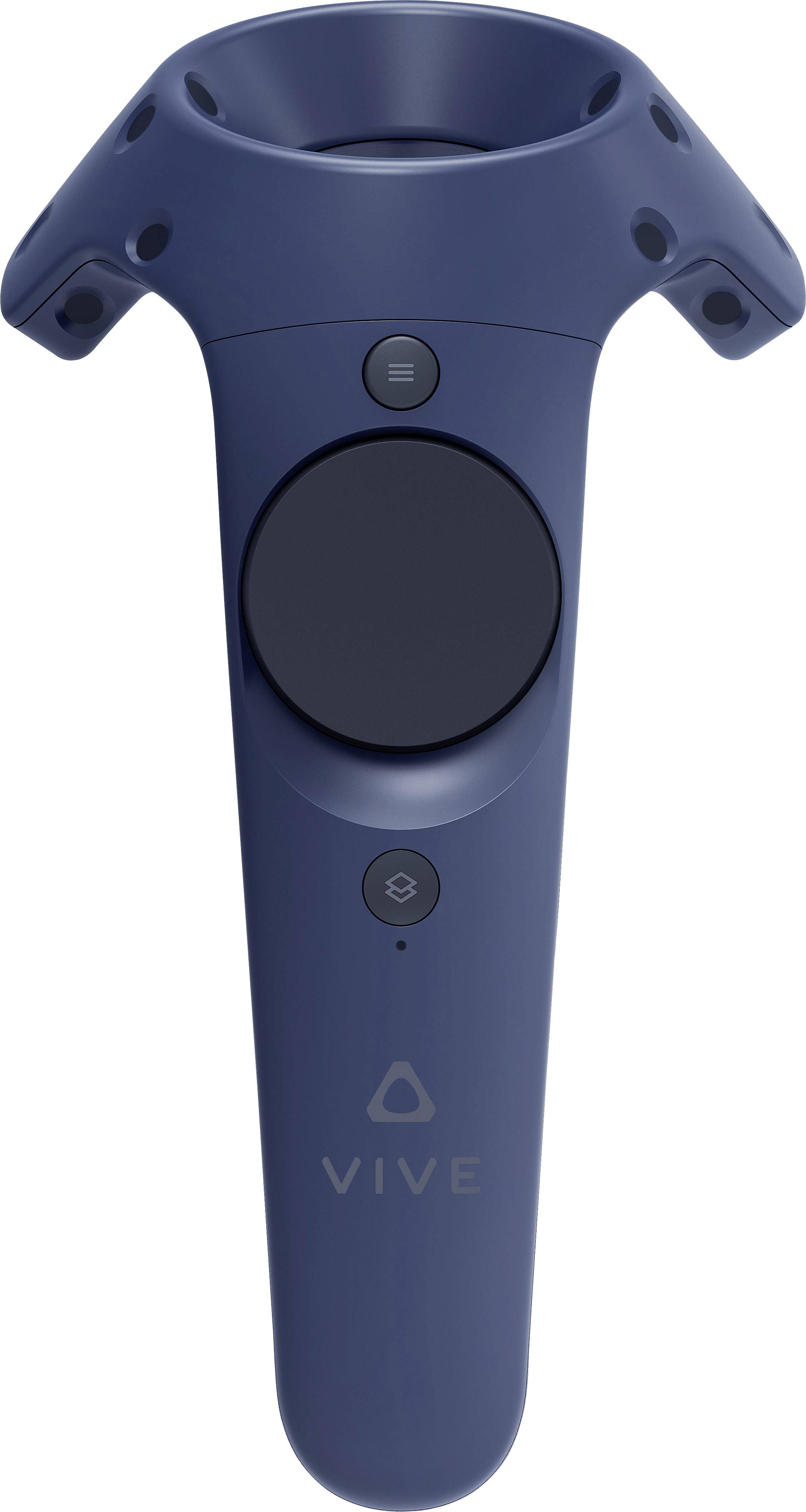 Ein dunkelblauer VR-Controller mit einem großen runden Bedienfeld und mehreren Tasten.
