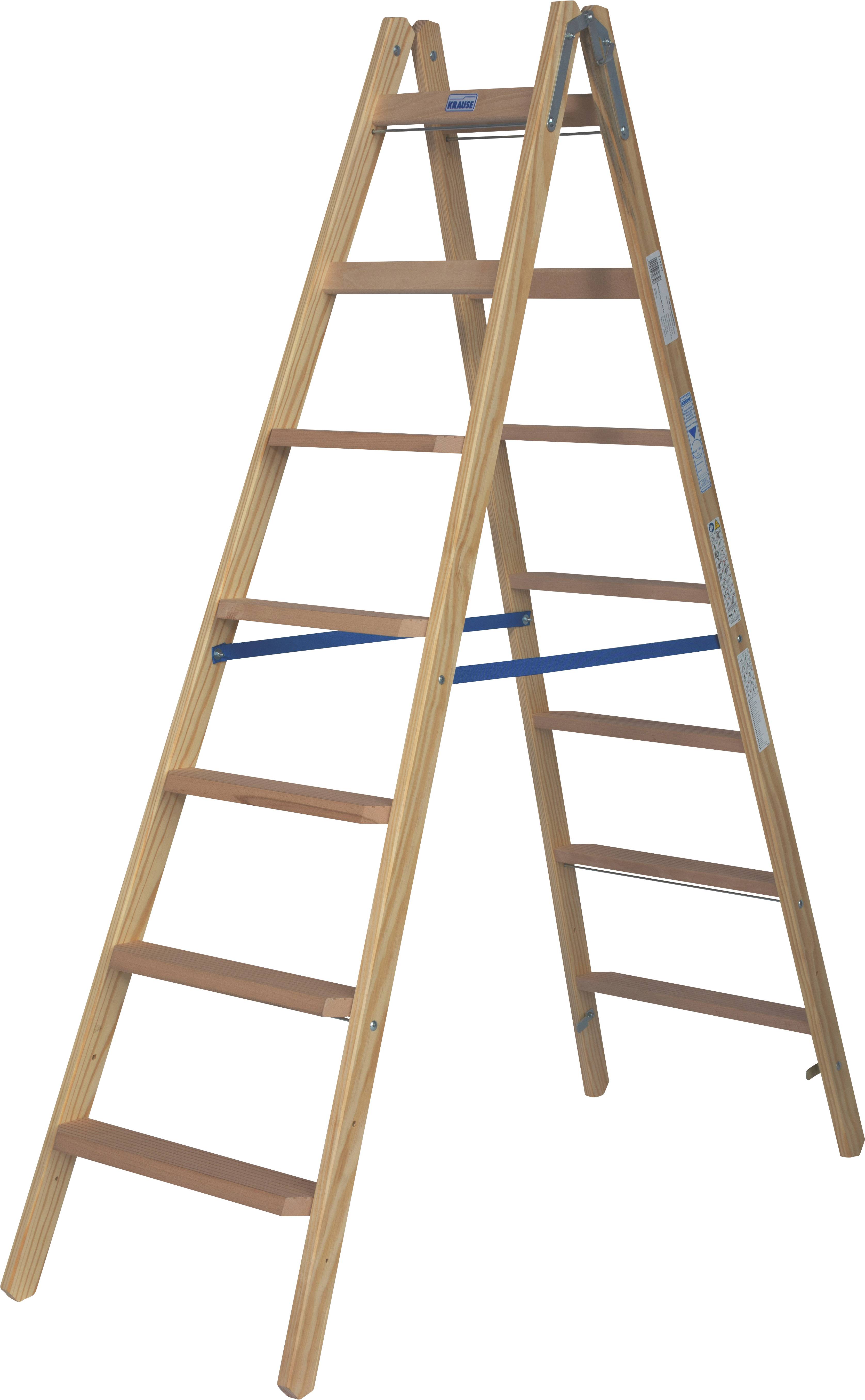 Holzleiter mit sieben Sprossen, aufgeklappt in A-Form. Geeignet für Arbeiten in der Höhe.