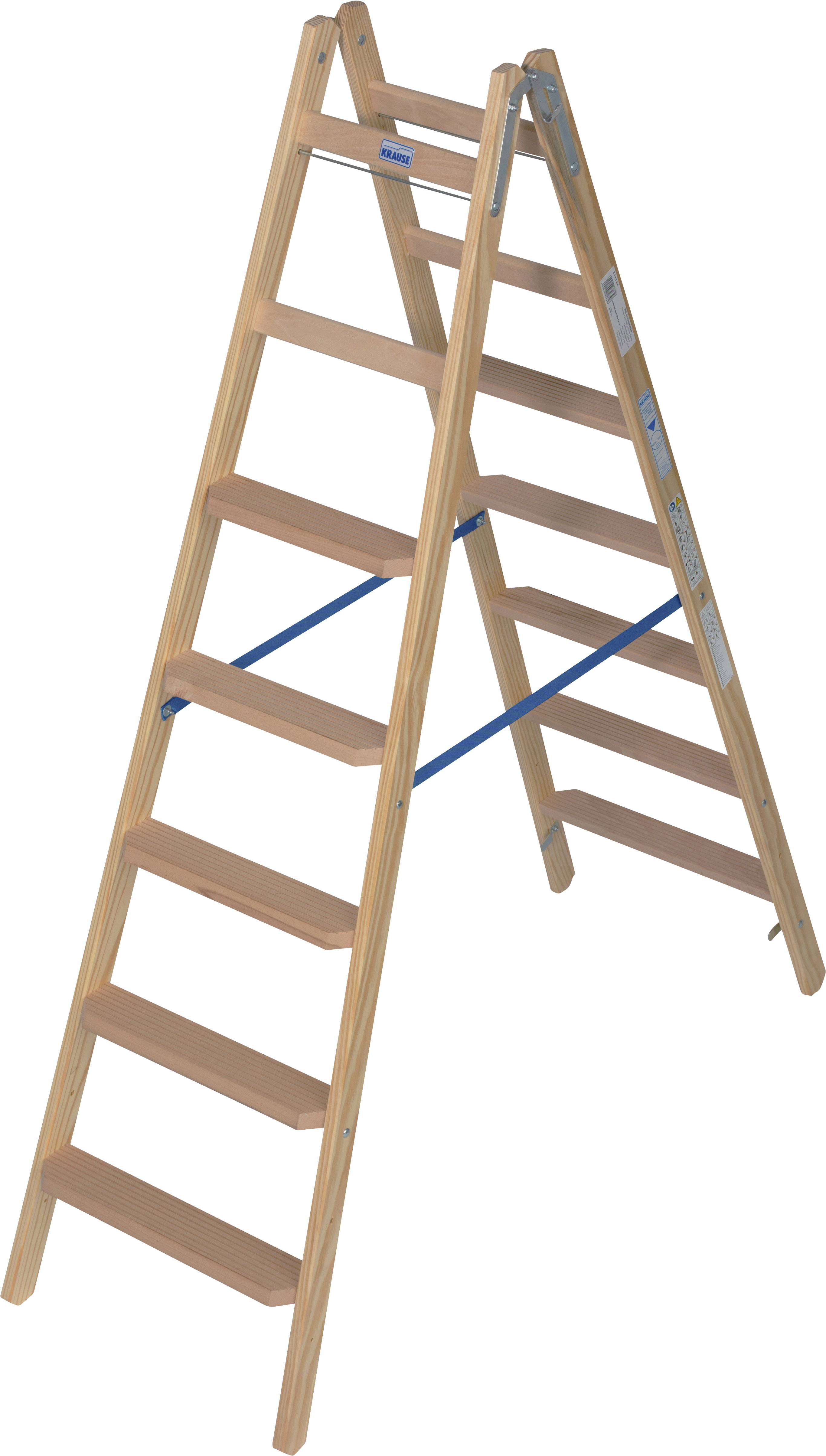 Holzleiter mit sieben Sprossen und blauer Strebe in der Mitte, freistehend.