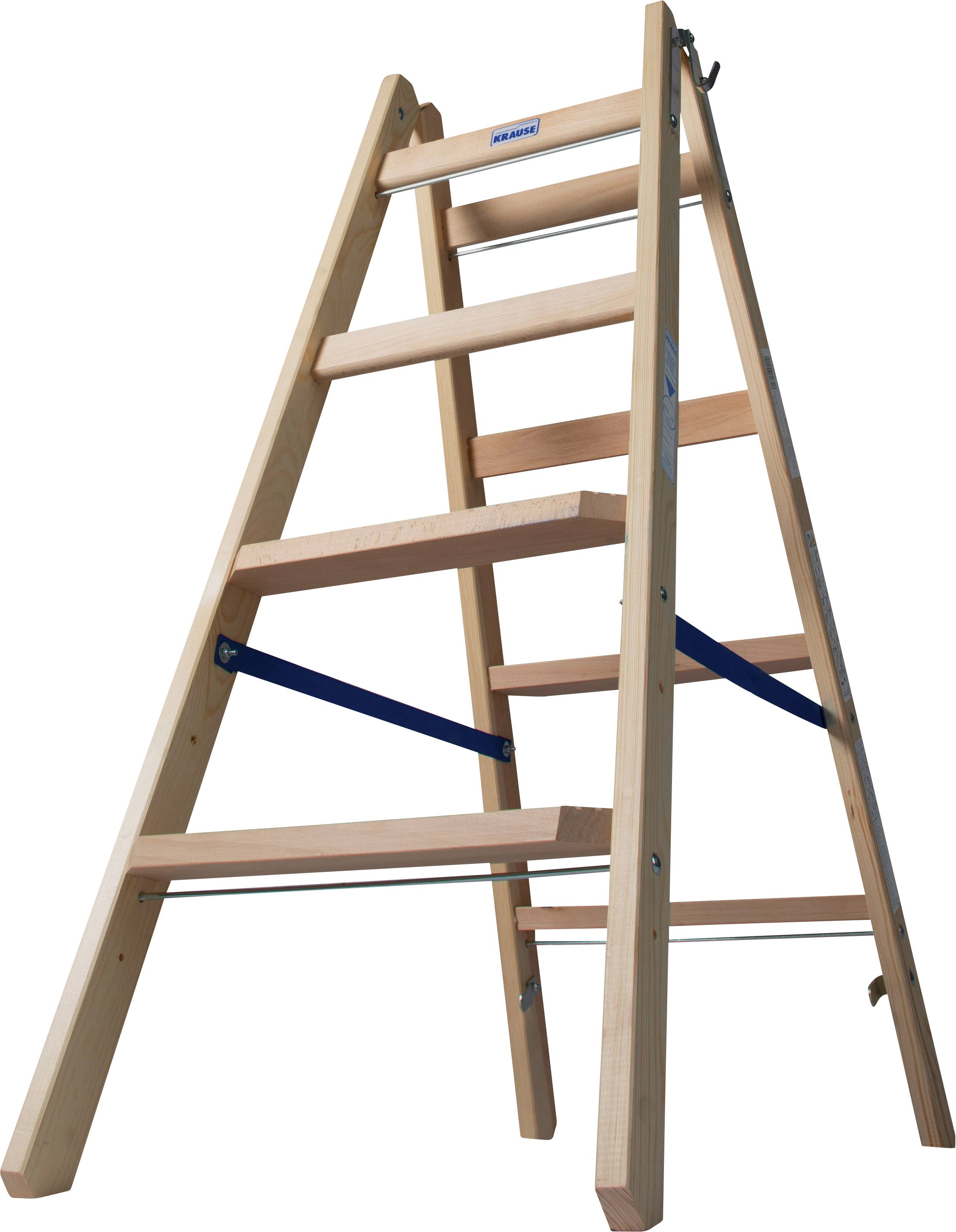 Holzleiter mit sechs Sprossen, im geöffneten und stabil stehenden Zustand. Geeignet für den Innenbereich.