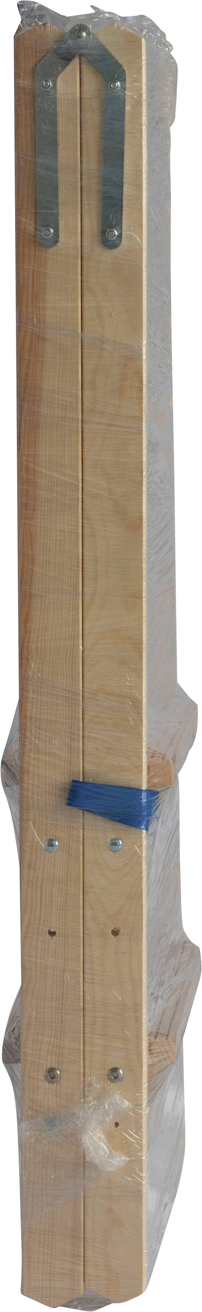 Ein verpackter Holzrahmen mit Metallbügel oben zur Aufhängung, gefaltet und mit Folie umwickelt.