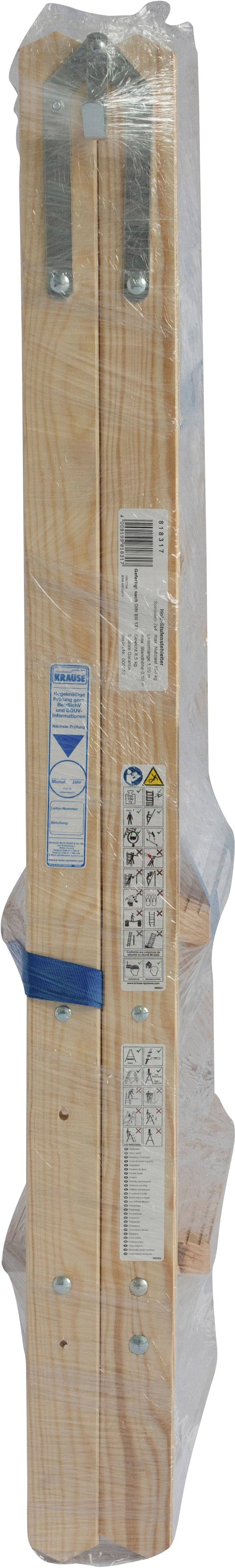 Zwei zusammenfaltbare Holzlatten mit Etiketten und Metallbeschlägen, verpackt in Plastikfolie. Sie sind vermutlich Teil eines Baugeräts.